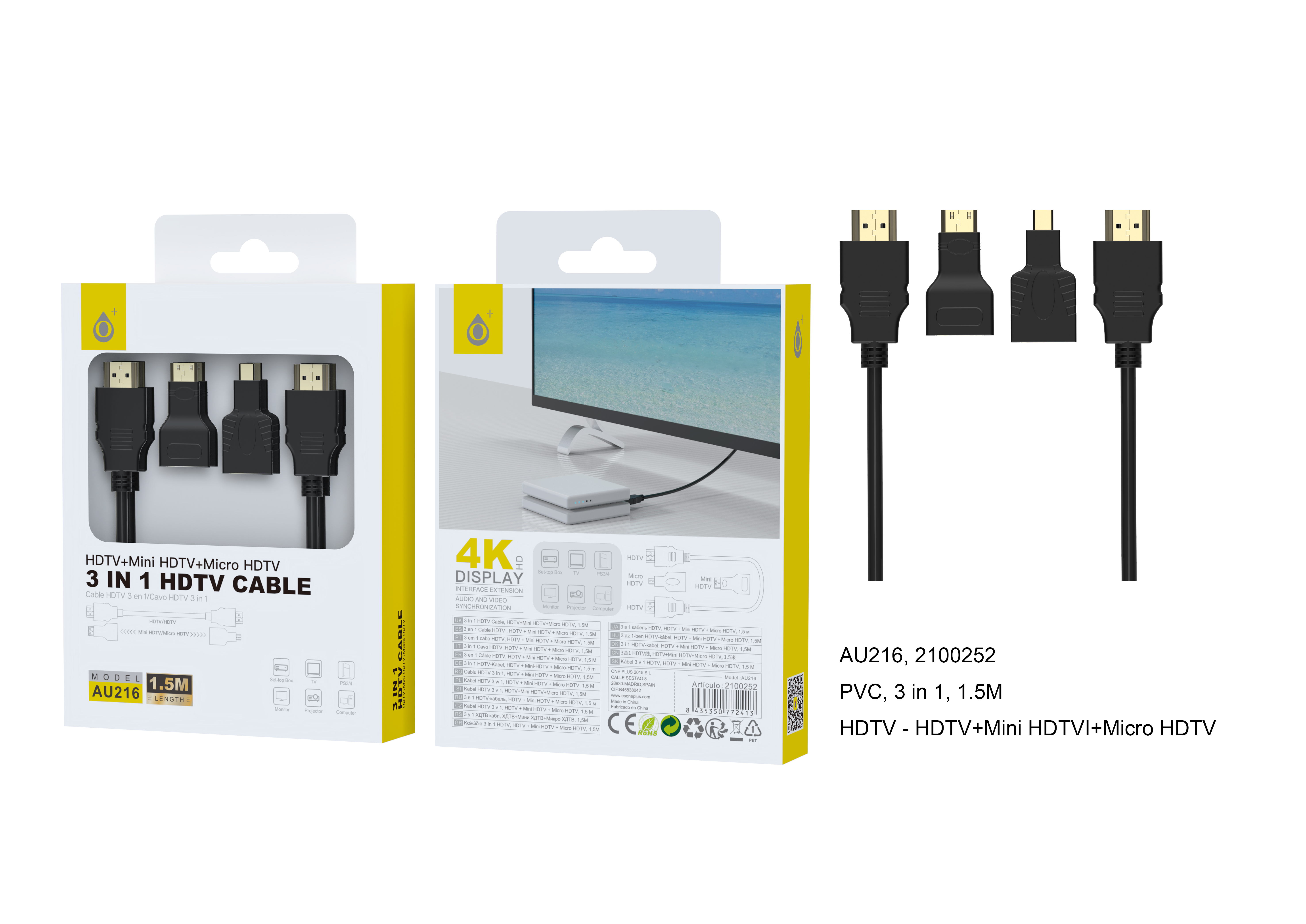 23410172 AU216 Cable 3 en 1 HDMI con claveja Micro/Mini HDMI 1.5M
