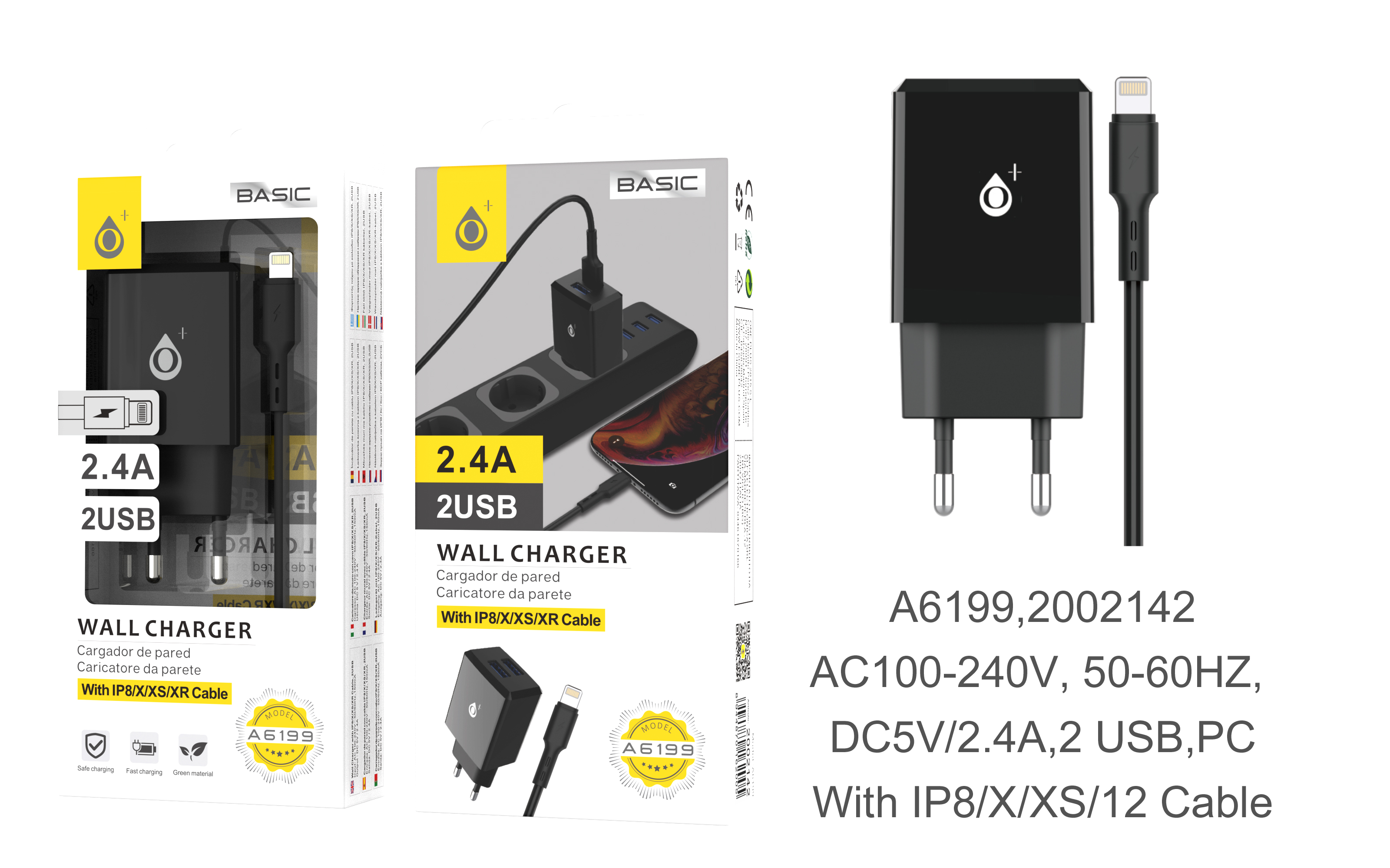 A6199 NE Cargador de Red S.Basic Tebe 2 USB con Cable IP5/6/7/8/X, 2 USB , 2.4A,Negro