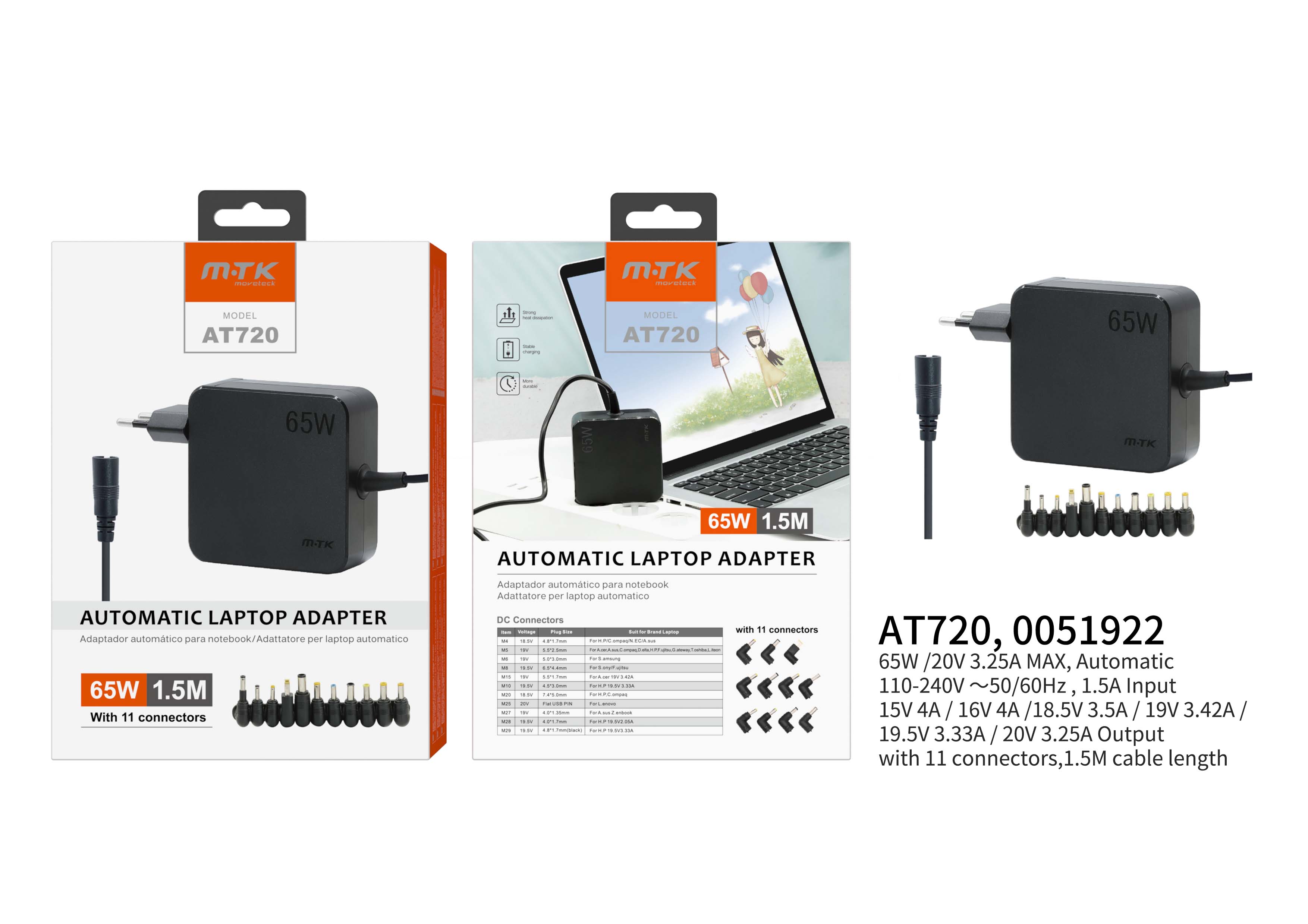 AT720 NE Cargador Universal Automatica  con 11 conectores para notebook , 65W,1.5M,Negro