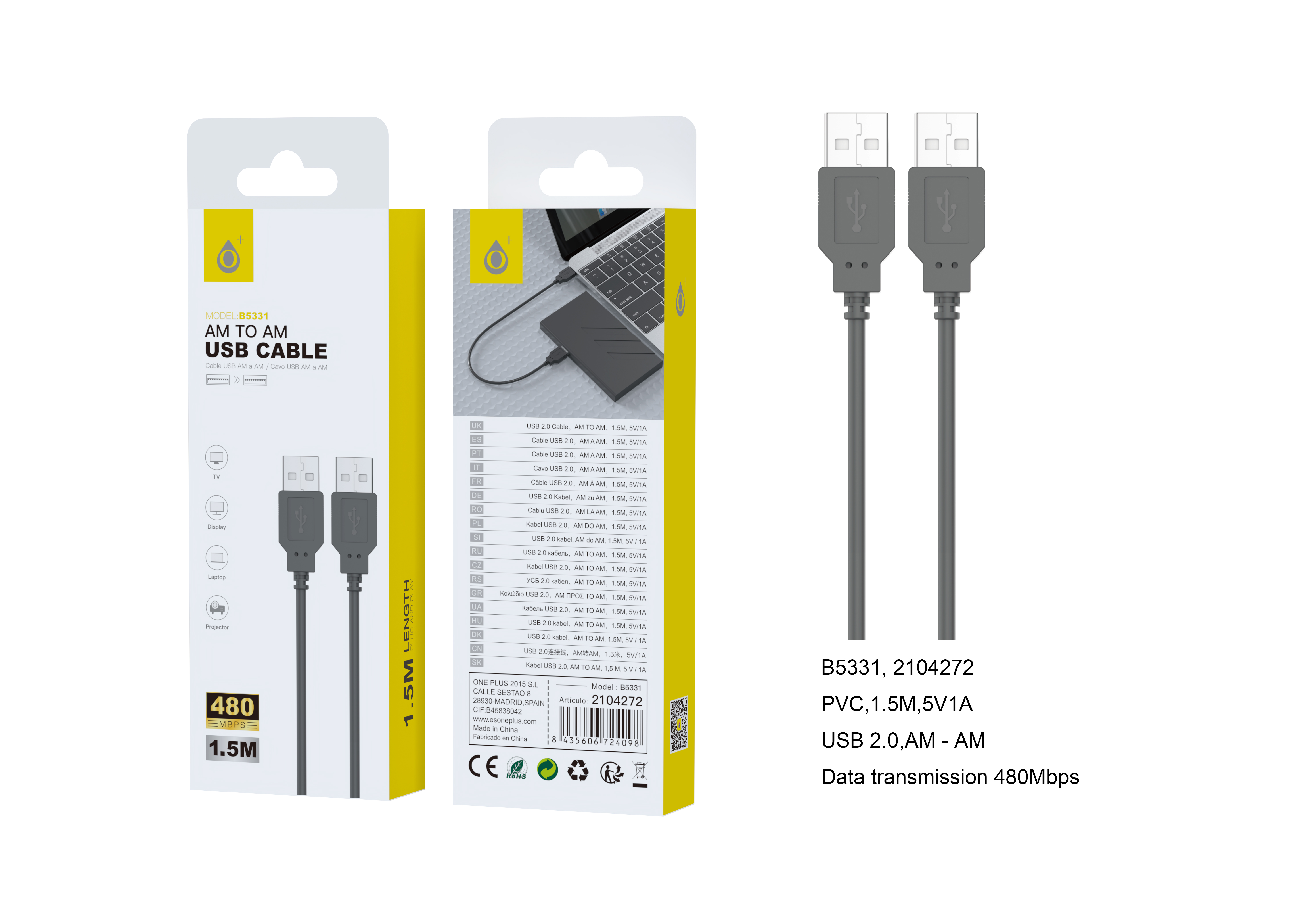 B5331 NE Cable  USB 2.0 AM a AM , 1.5M , Negro