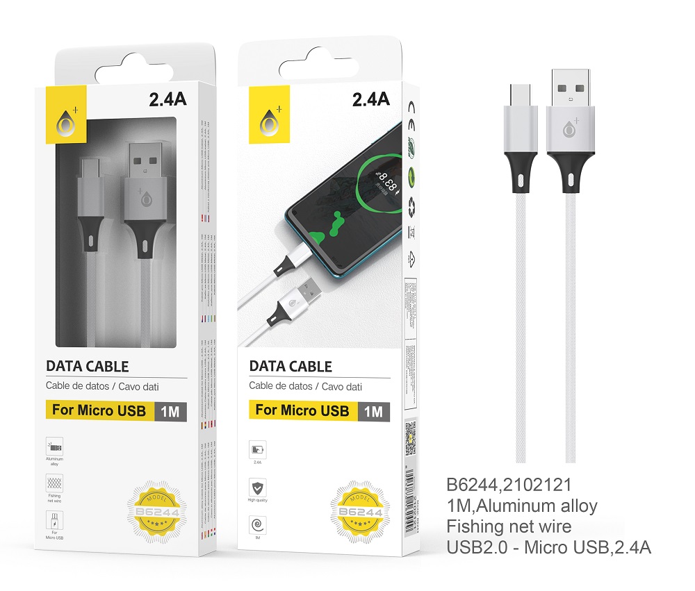 B6244 BL Cable de datos Aluminio Kratos para Micro USB, 2.4A , 1M, Blanco