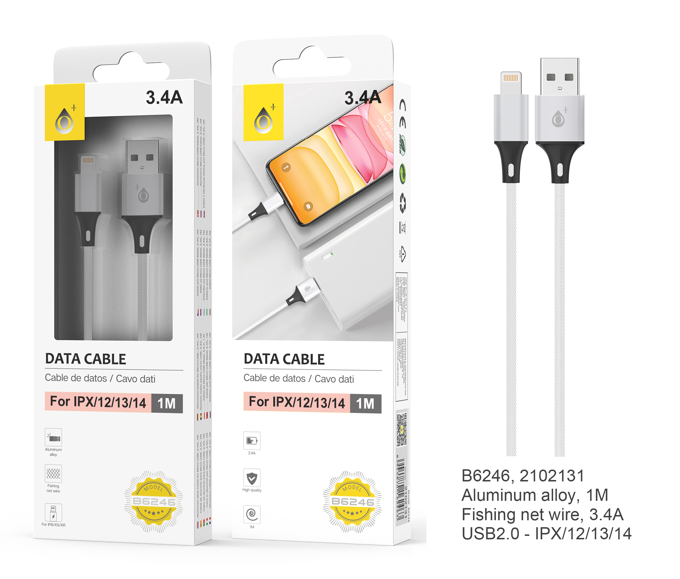 B6246 BL Cable de datos Aluminio S.Basic Kratos para Iphone 6/7/8/X/XR/11, 3.4A , 1M, Blanco