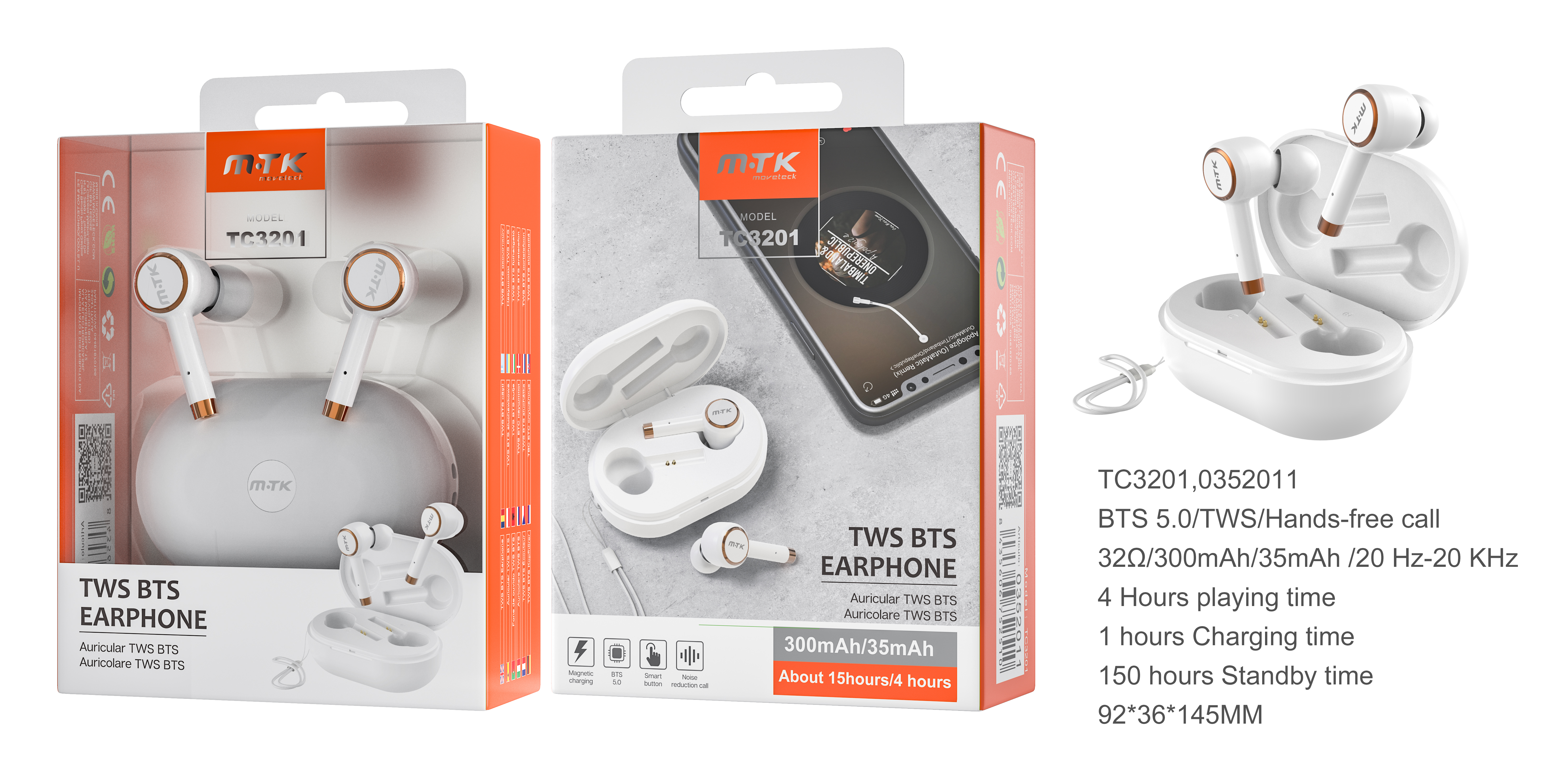 BL TC3201 Auriculares Bluetooth TWS GOLD (35aMh*2)Con Estuche Recargable 300aMh, Boton Multifuncional, Blanco