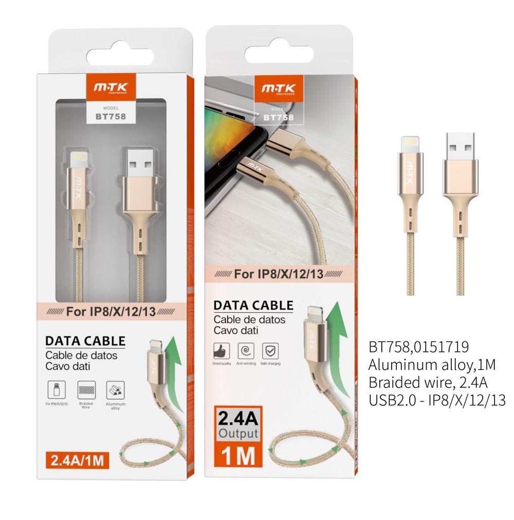 BT758 OR  Cable de Datos  Aluminio Flat para IP 5/6/7/8X , 2A  1M , Oro