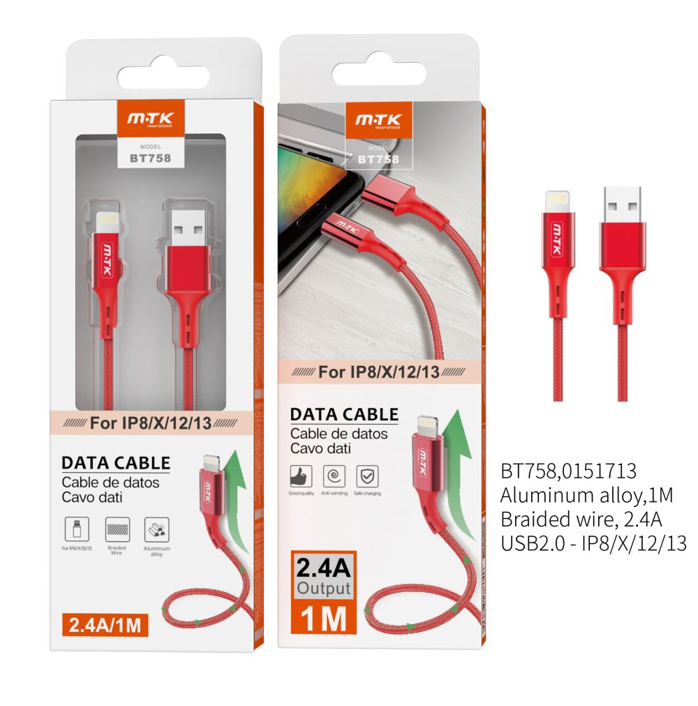 BT758 RJ  Cable de Datos  Aluminio Flat para IP 5/6/7/8X , 2A  1M , Rojo