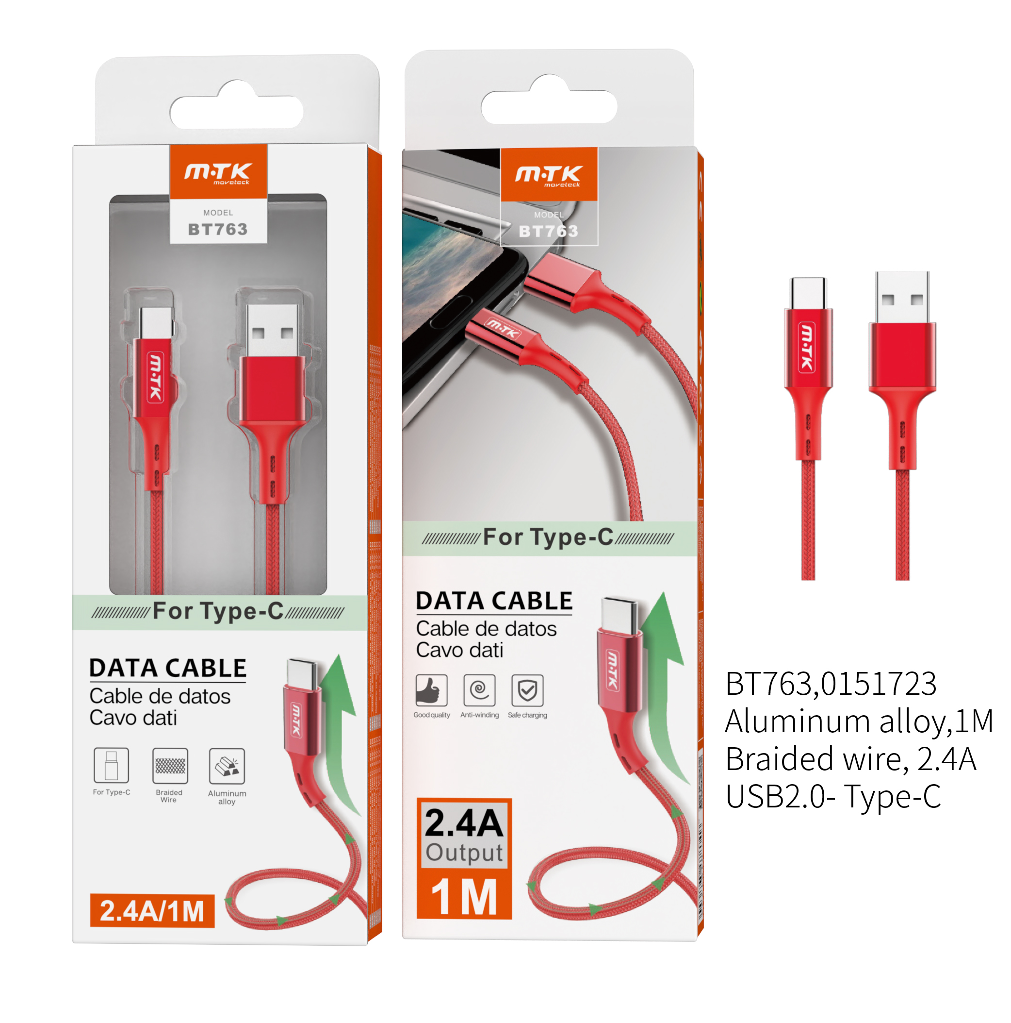 BT763 RJ  Cable de Datos  Aluminio Flat para Type C, 2A  1M , Rojo