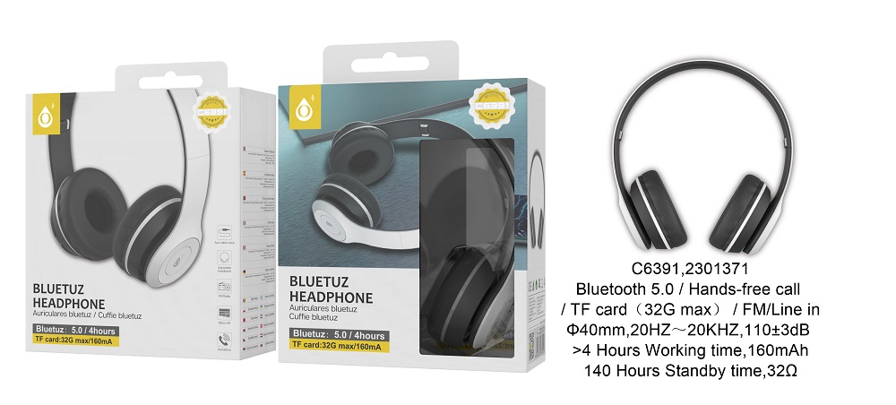 C6391 BL NE Auriculares Bluetooth con microfono y control de volumen , Blanco Negro