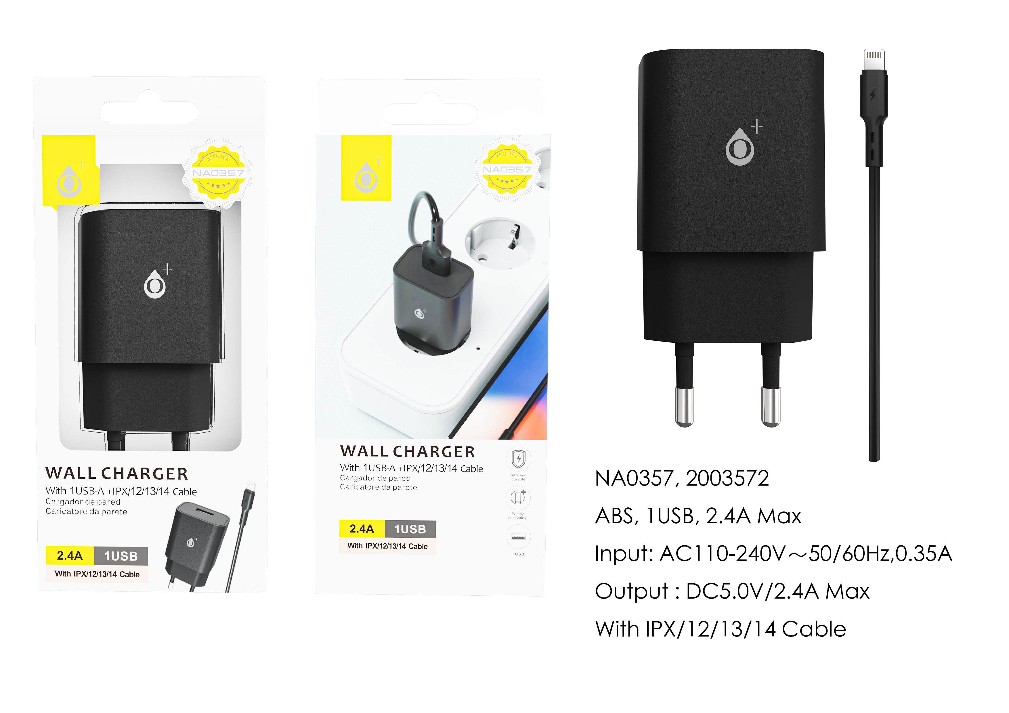 NA0357 NE Cargador de Red Doll 1 USB con cable Iphone 5-14 , 5V/2.4A, Negro