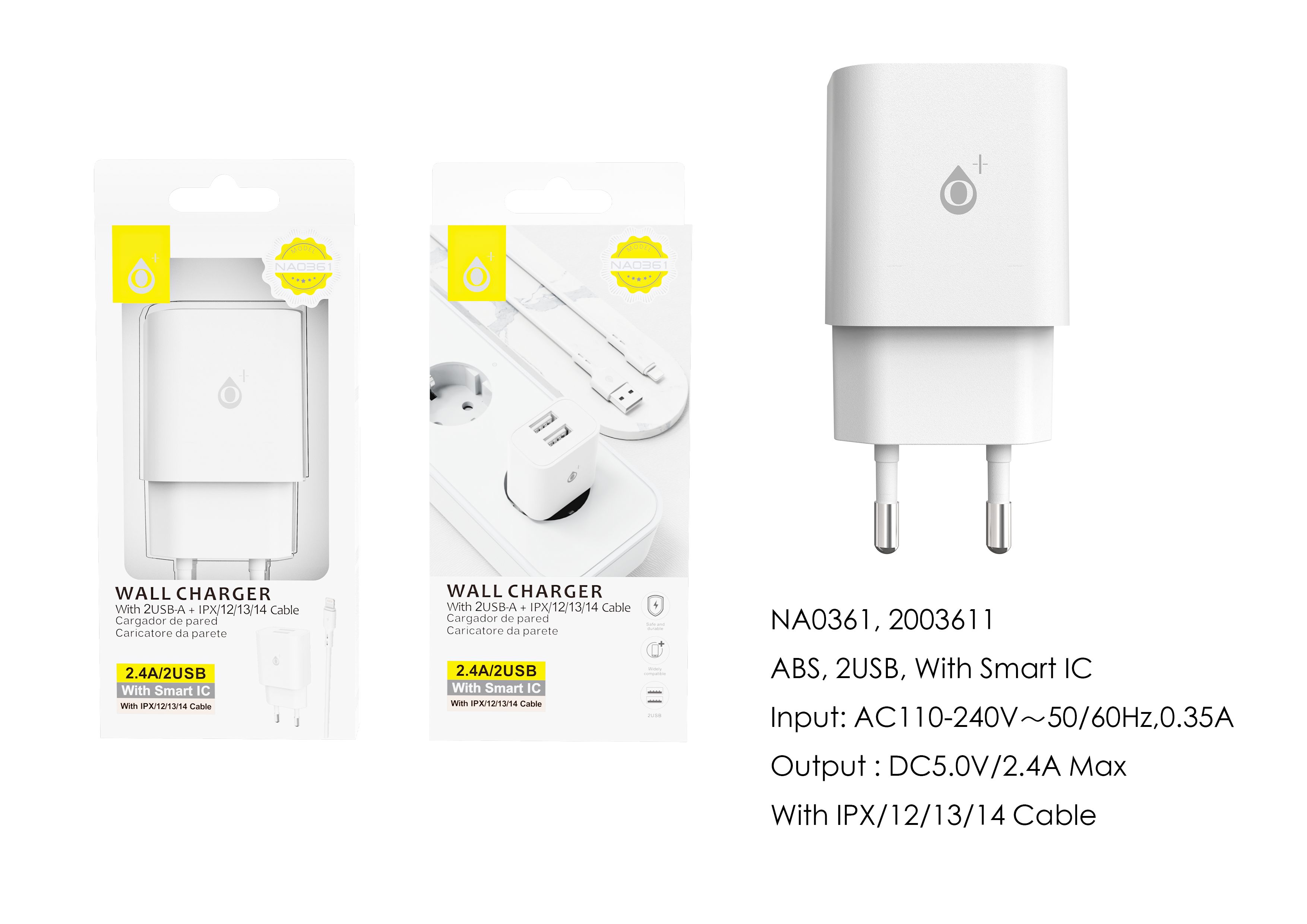 NA0361 BL Cargador de Red ELIO  Con Chip de Reconocimiento Inteligente, 2 USB Con cable Iphone 5-14