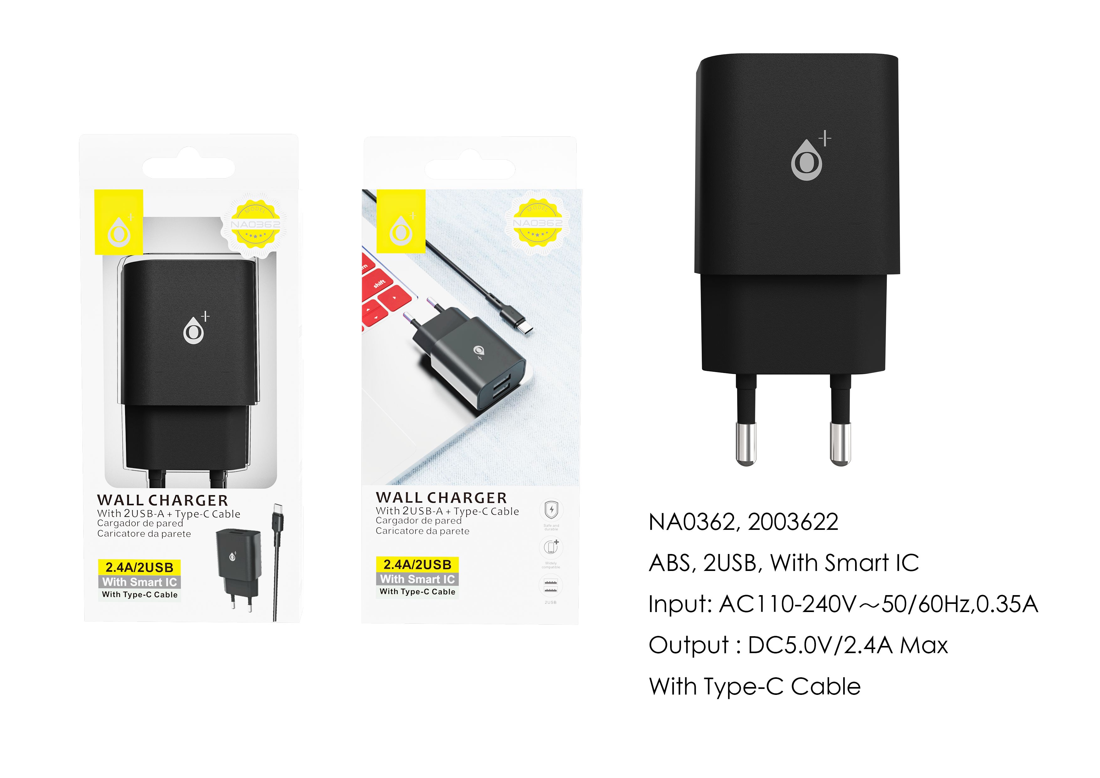 NA0362 NE Cargador de Red ELIO  Con Chip de Reconocimiento Inteligente, 2 USB Con cable Type-C , 5V/