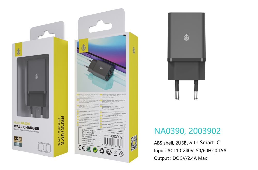 NA0390 NE Cargador de Red KAI 2 USB Con Smart Chip, Sin Cable , 2.4A, Negro