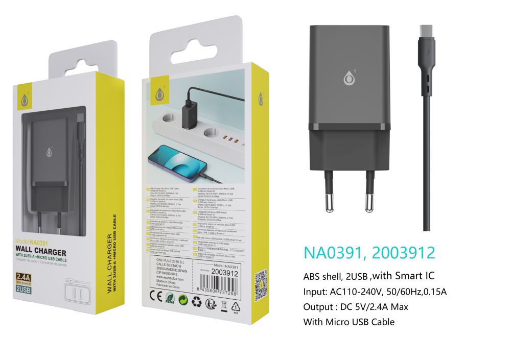 NA0391 NE Cargador de Red KAI 2 USB Con Smart Chip, Con Cable Micro USB, 2.4A, Negro