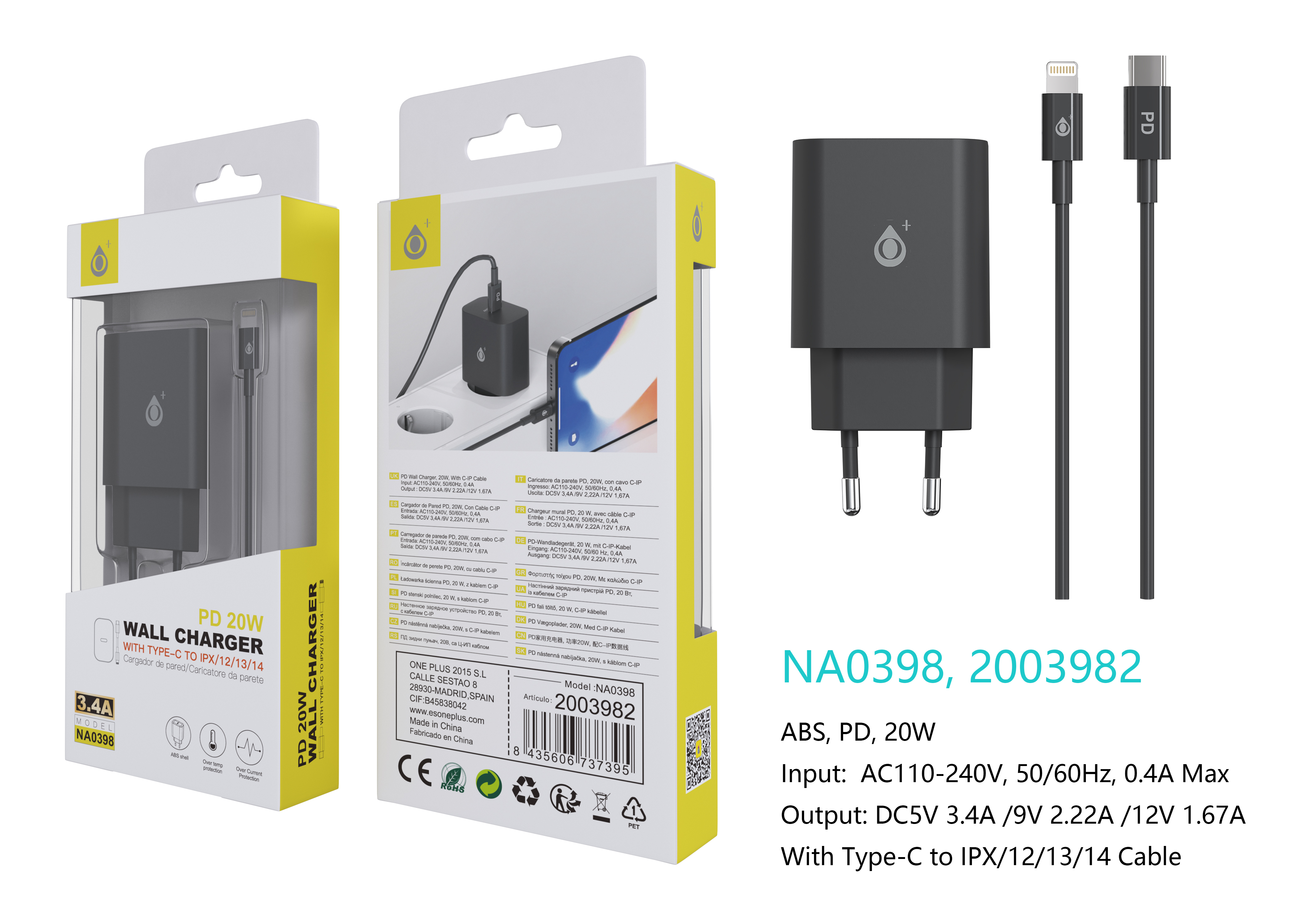 NA0398 NE Cargador de Red Rapida Berta , 1 puerto USB-C PD, con Cable Type-C a Lightning, 20W/3.4A(M