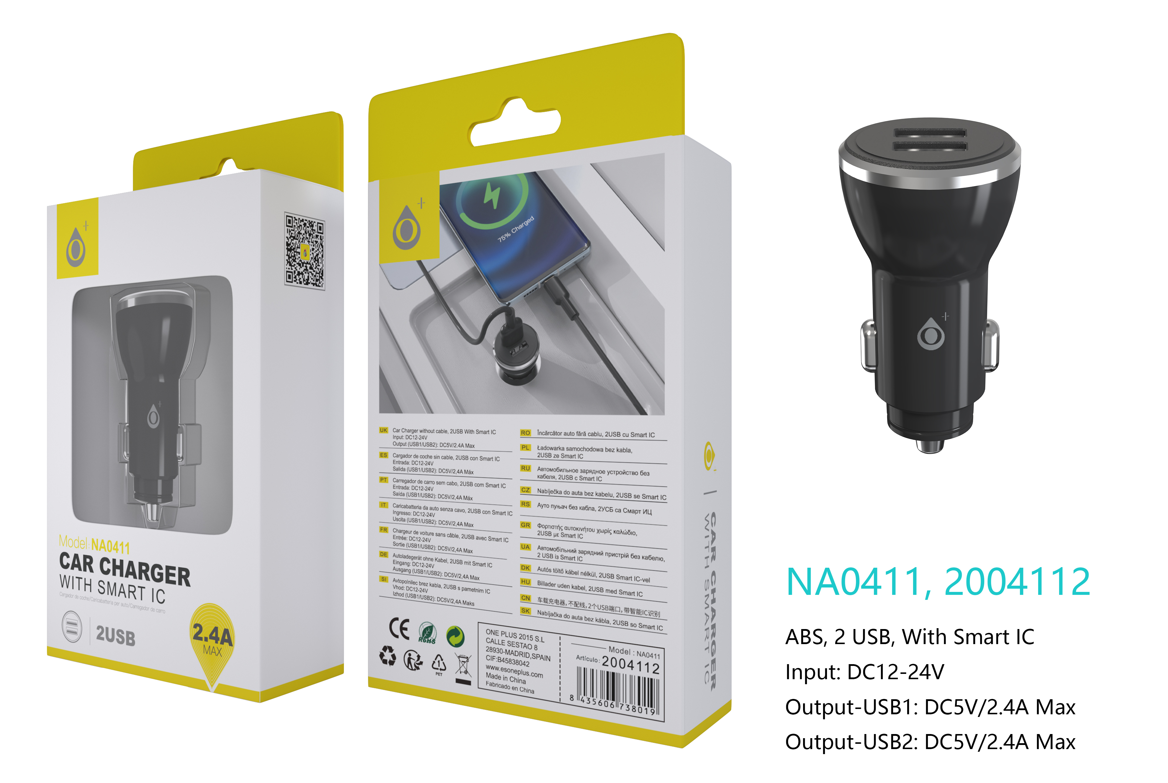 NA0411 NE Cargador de Mechero Anouk Con Smart Chip, sin cable , 2USB, 2.4A, Negro