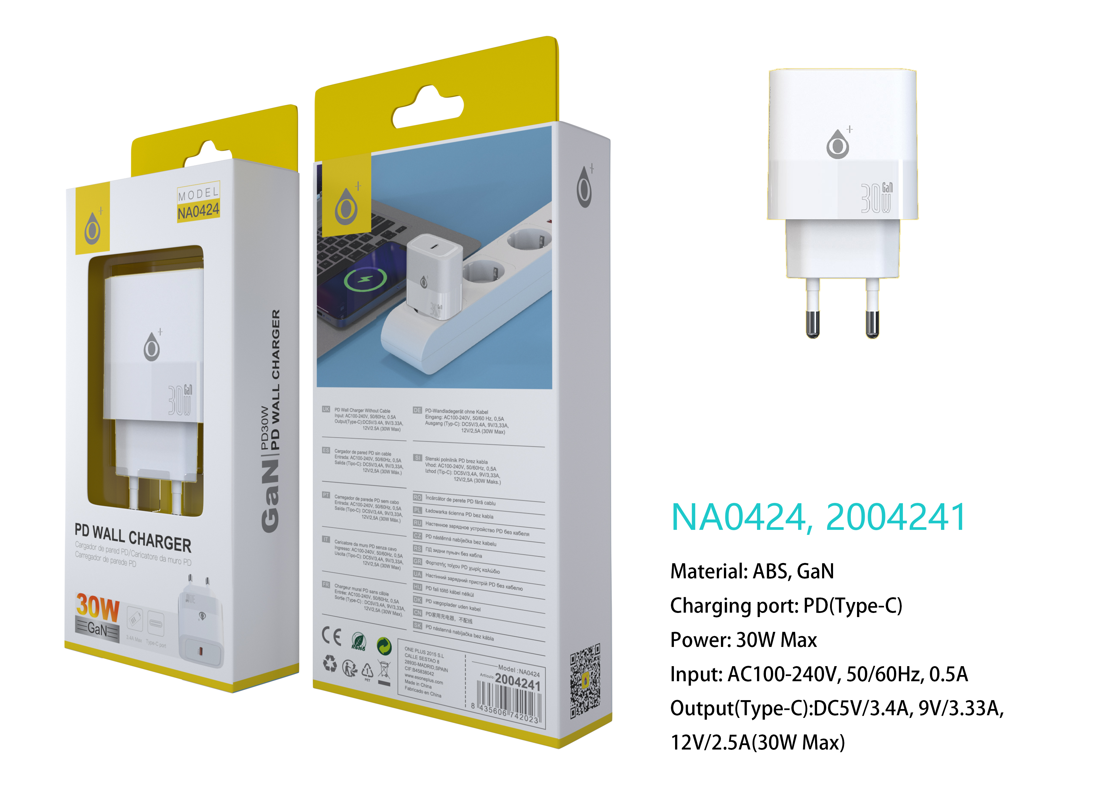 NA0424 BL Cargador GaN de Red Rapida Fort, 1 puerto USB-C PD,  Sin Cable, 30W/12V/2.5A(Max), Blanco
