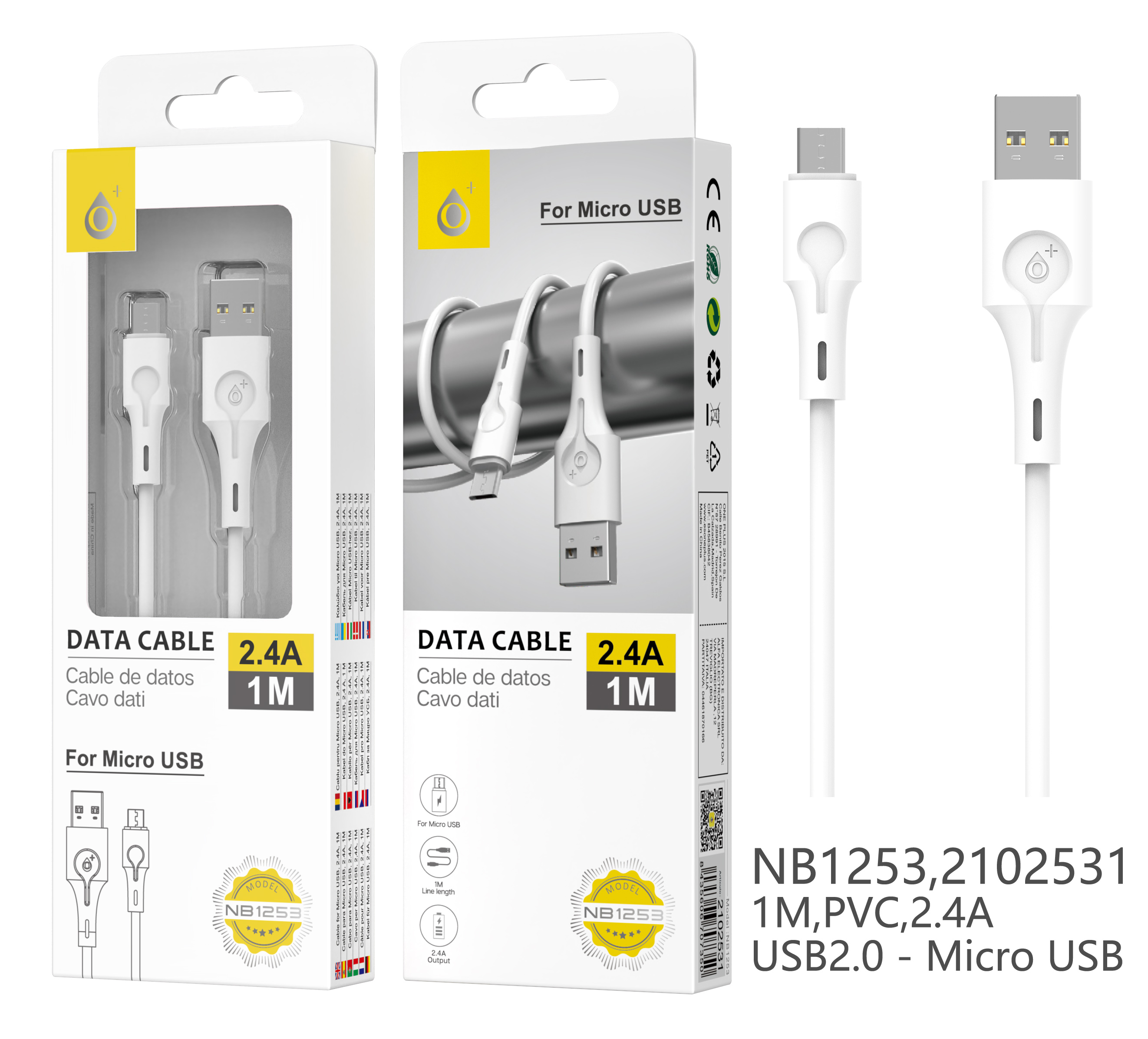 NB1253 BL Cable de Datos Abanico para Micro USB, 1M 2.4A, Blanco