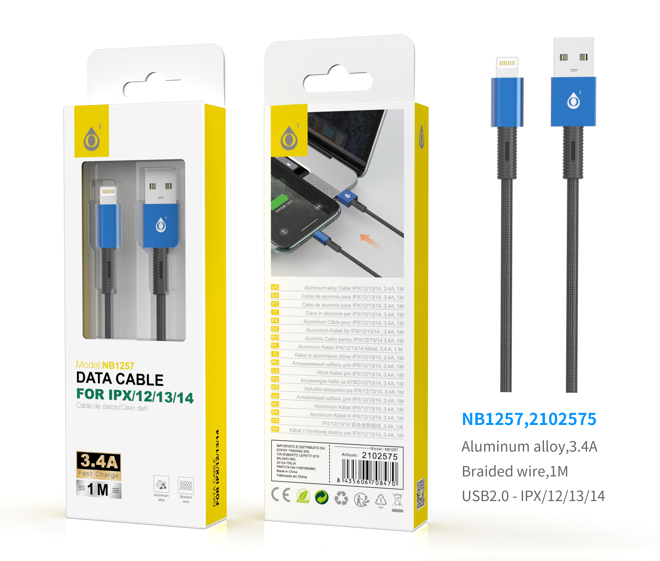 NB1257 AZ Cable de Datos trenzado Thor para IP 5-12, 1M 2.4A, Azul