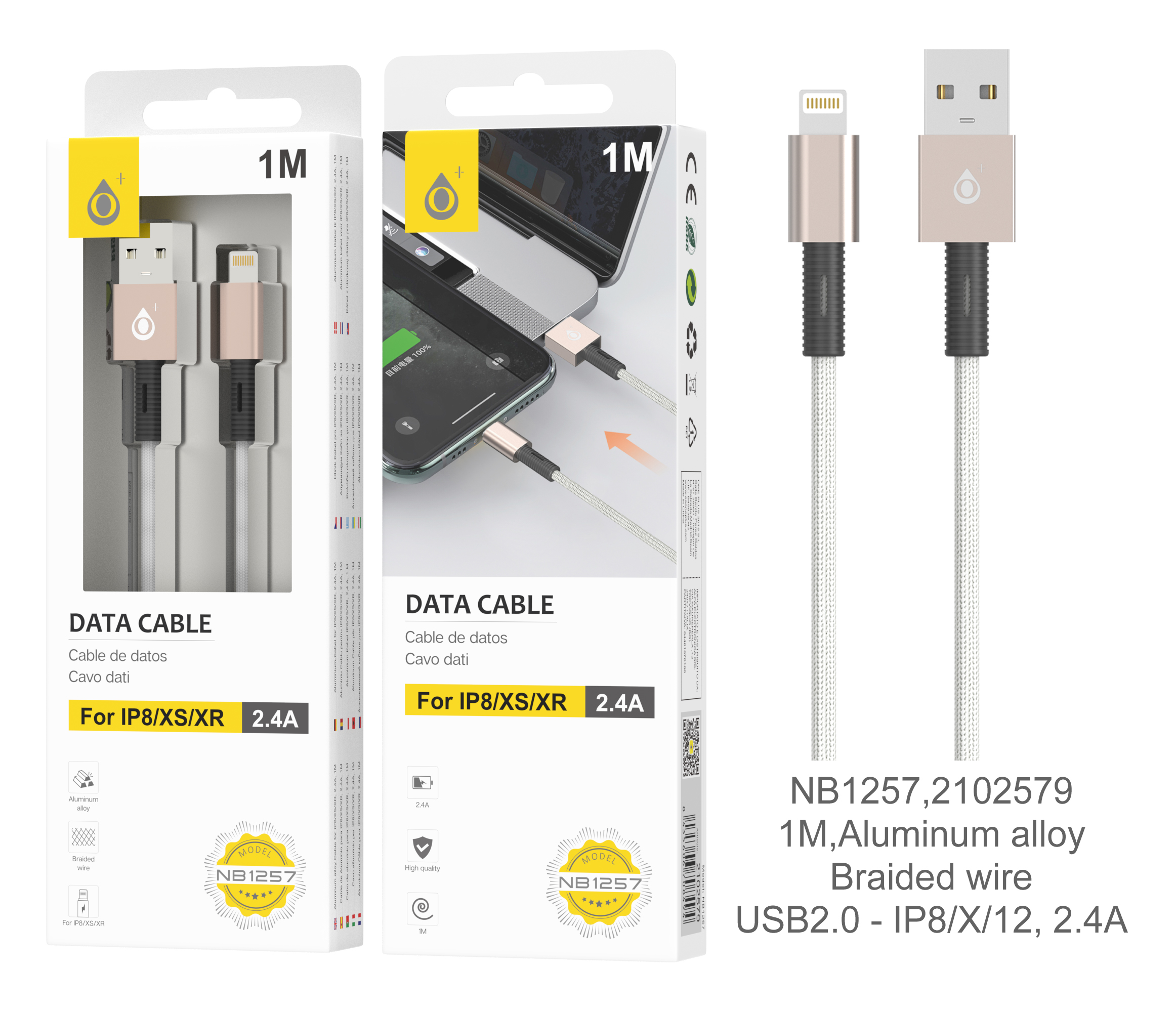 NB1257 OR Cable de Datos trenzado Thor para IP 5-12, 1M 2.4A, Oro