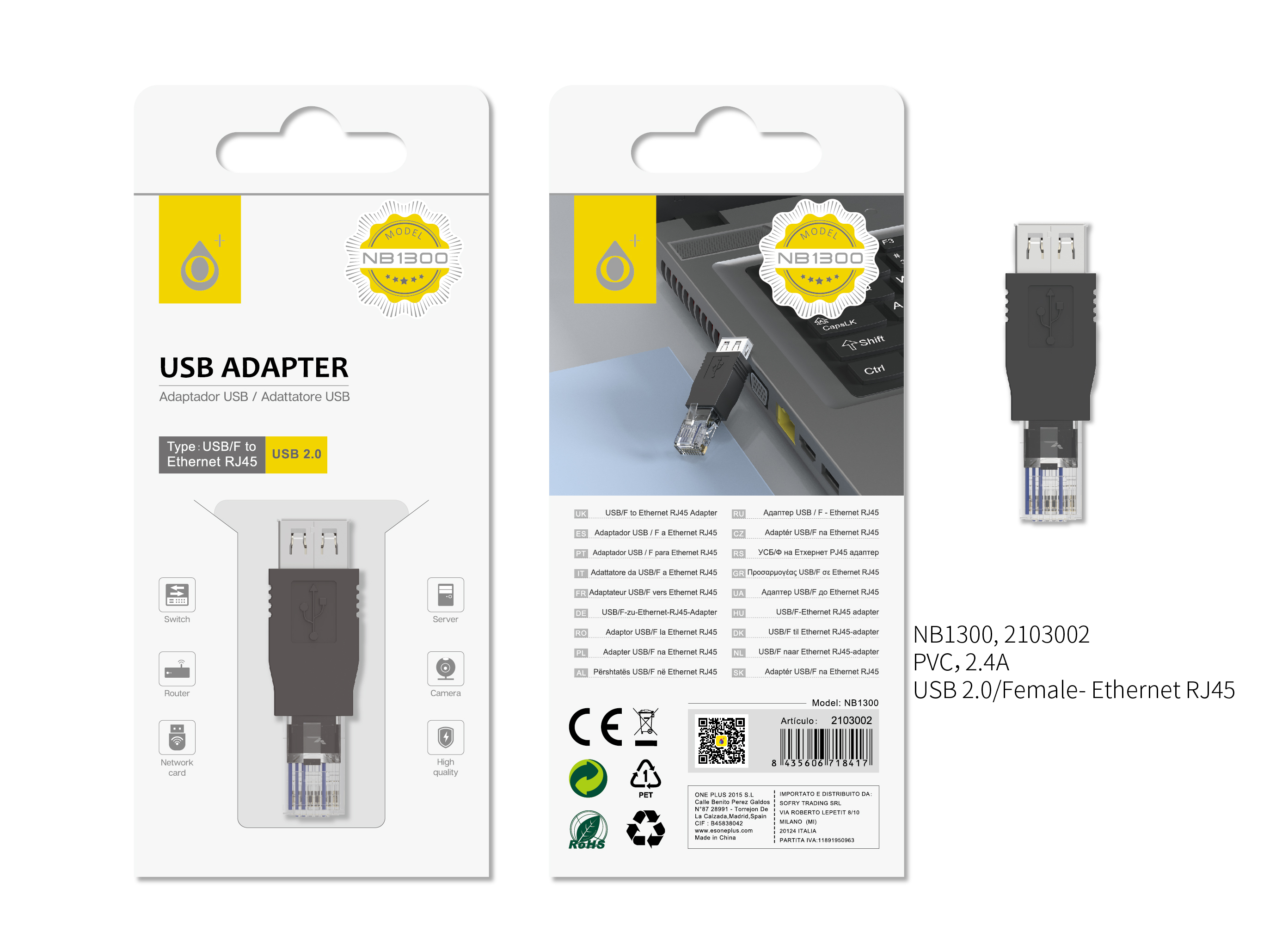 NB1300 NE Adaptador de USB Hembra a Ethernet ,Negro