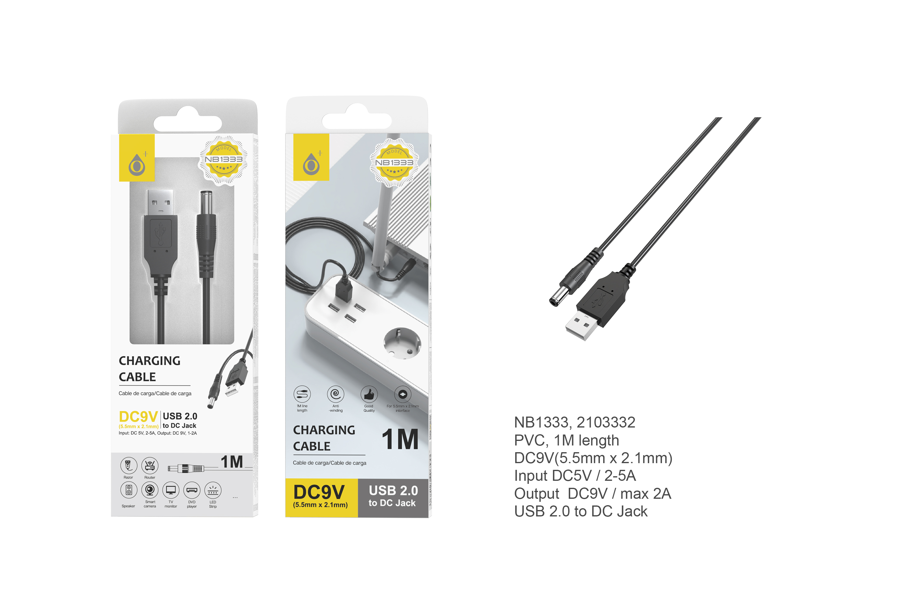 NB1333 NE Cable de Carga USB  con Conector Jack DC 9V ( 5.5mm X 2,1mm),Negro