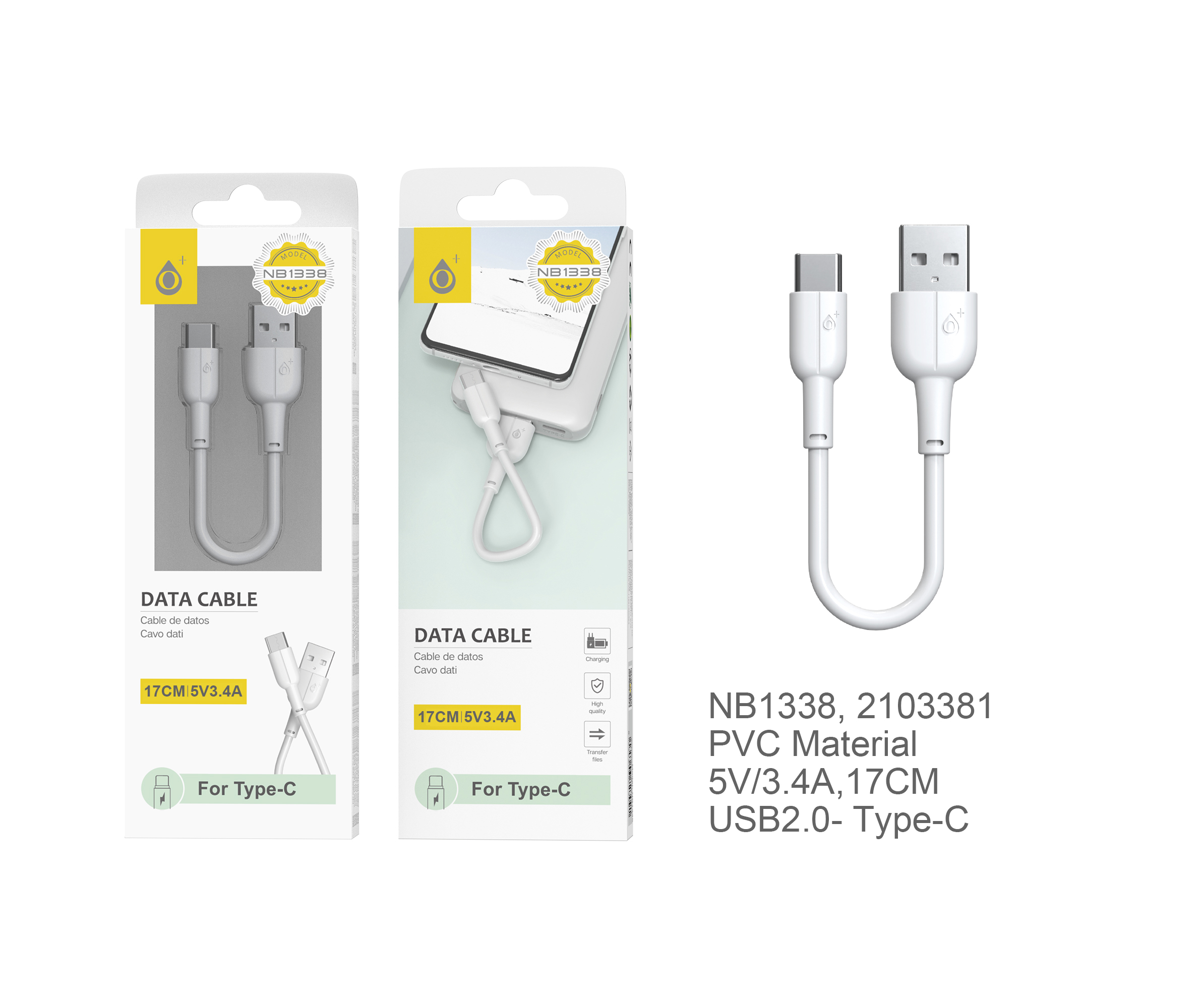 NB1338 BL Mini Cable de Datos para Type-C , 5/3A con Longitud 0.17CM, Blanco