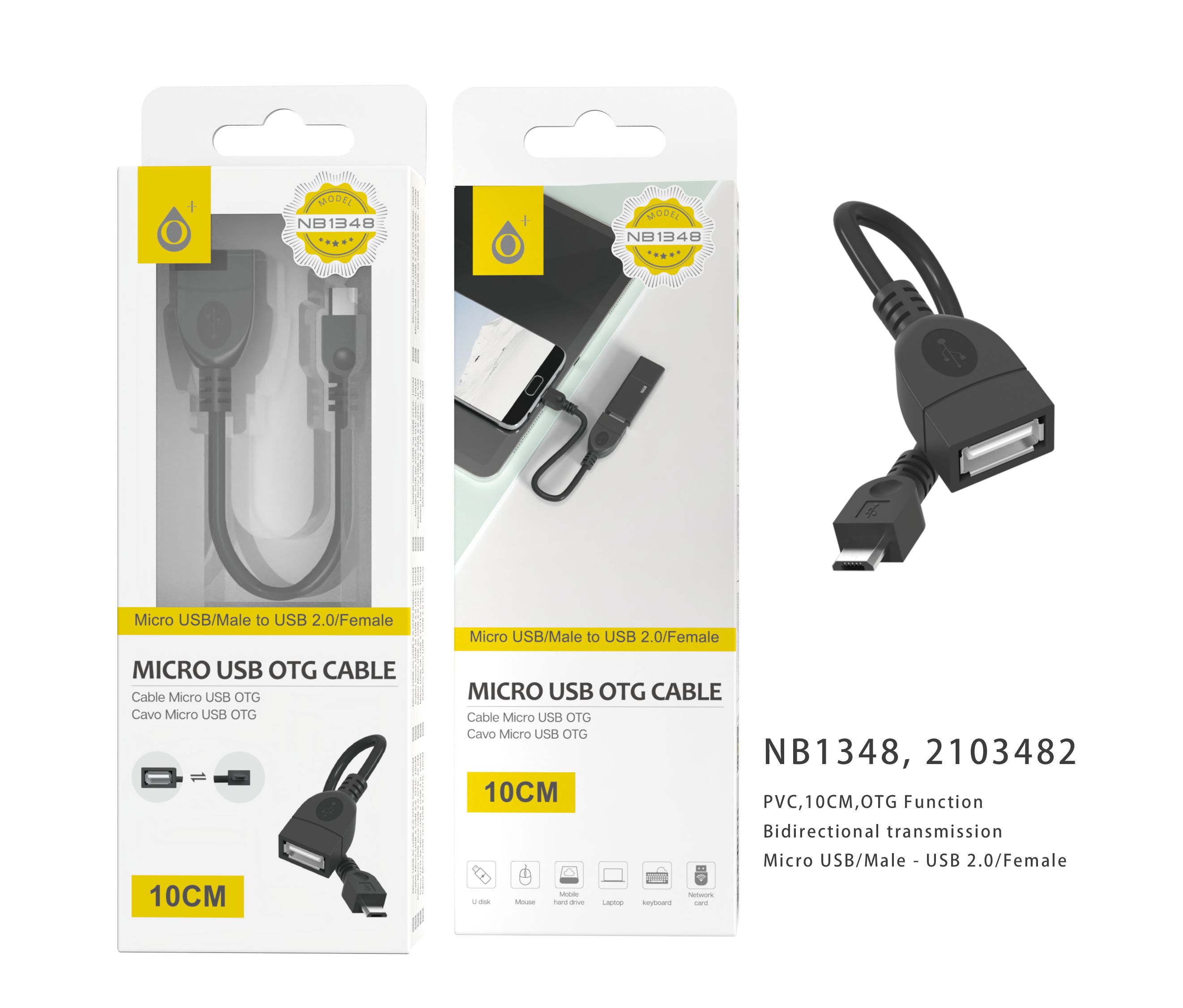 NB1348 NE CABLE OTG MICRO USB Macho a USB 2.0 Hembra,Cable 10cm,NEGRO