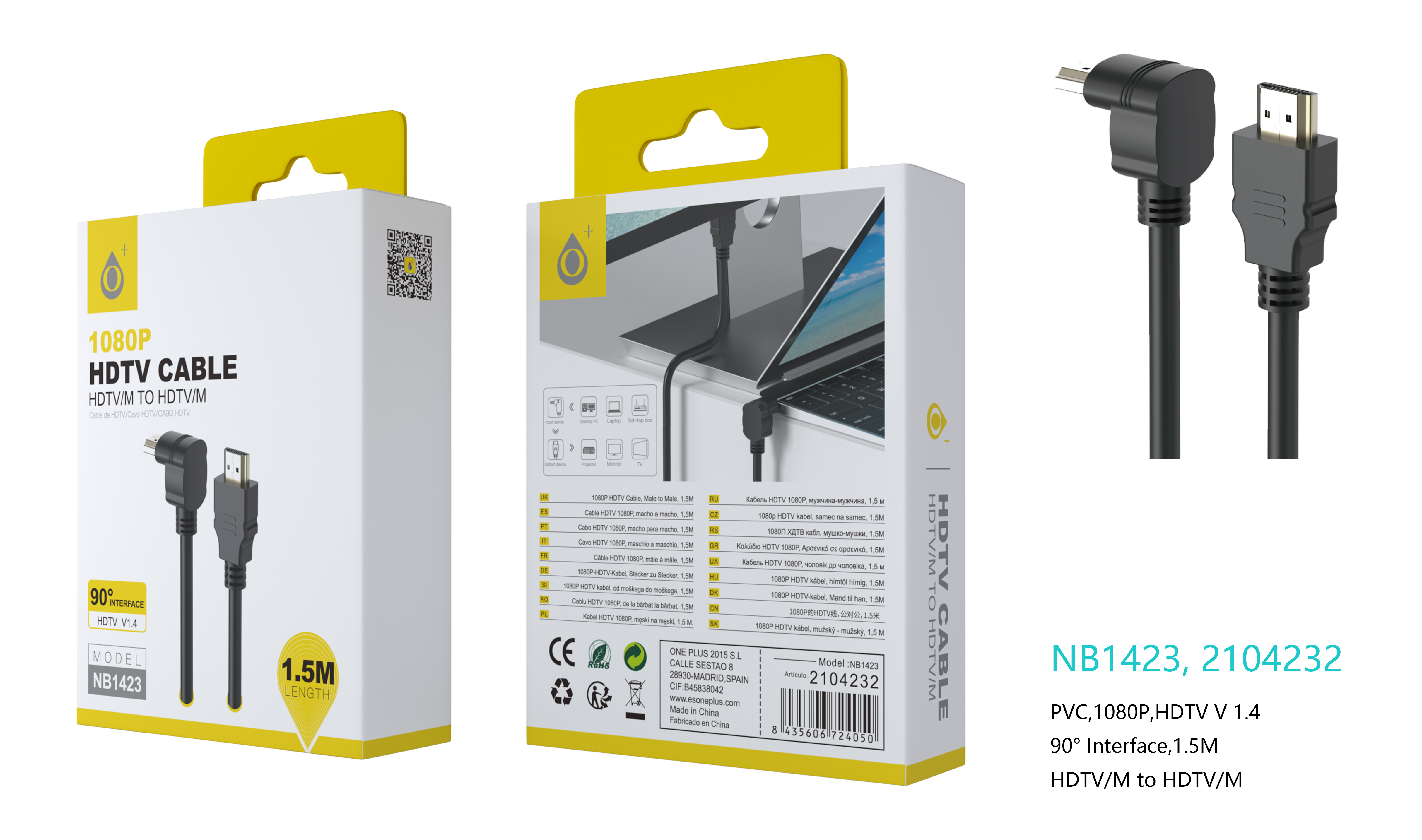 NB1423 NE Cable HDMI (Version 1.4) , Clavija  90 grados en L 1080p, 1.5M, Negro