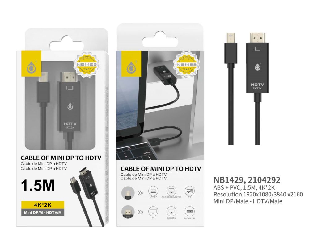 NB1429 NE Cable Mini DP a HDMI, 4K*2K 1920x1080/3840x2160, 1.5M, Negro