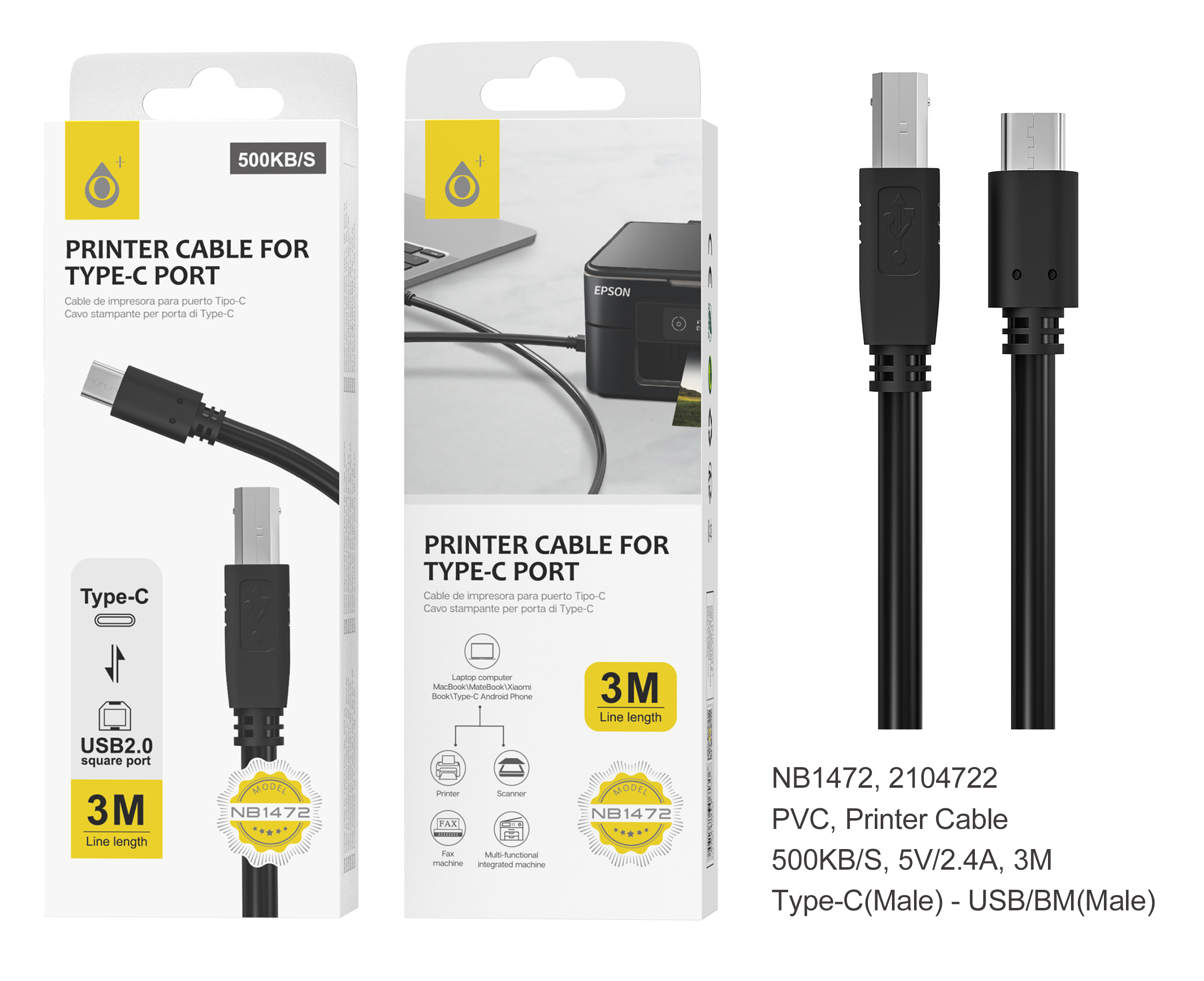 NB1472 NE Cable de Impresora Tipo-C a USB 2.0, velocidad transferencia 500KB/S, 5V/2.4A, Cable 3M, N