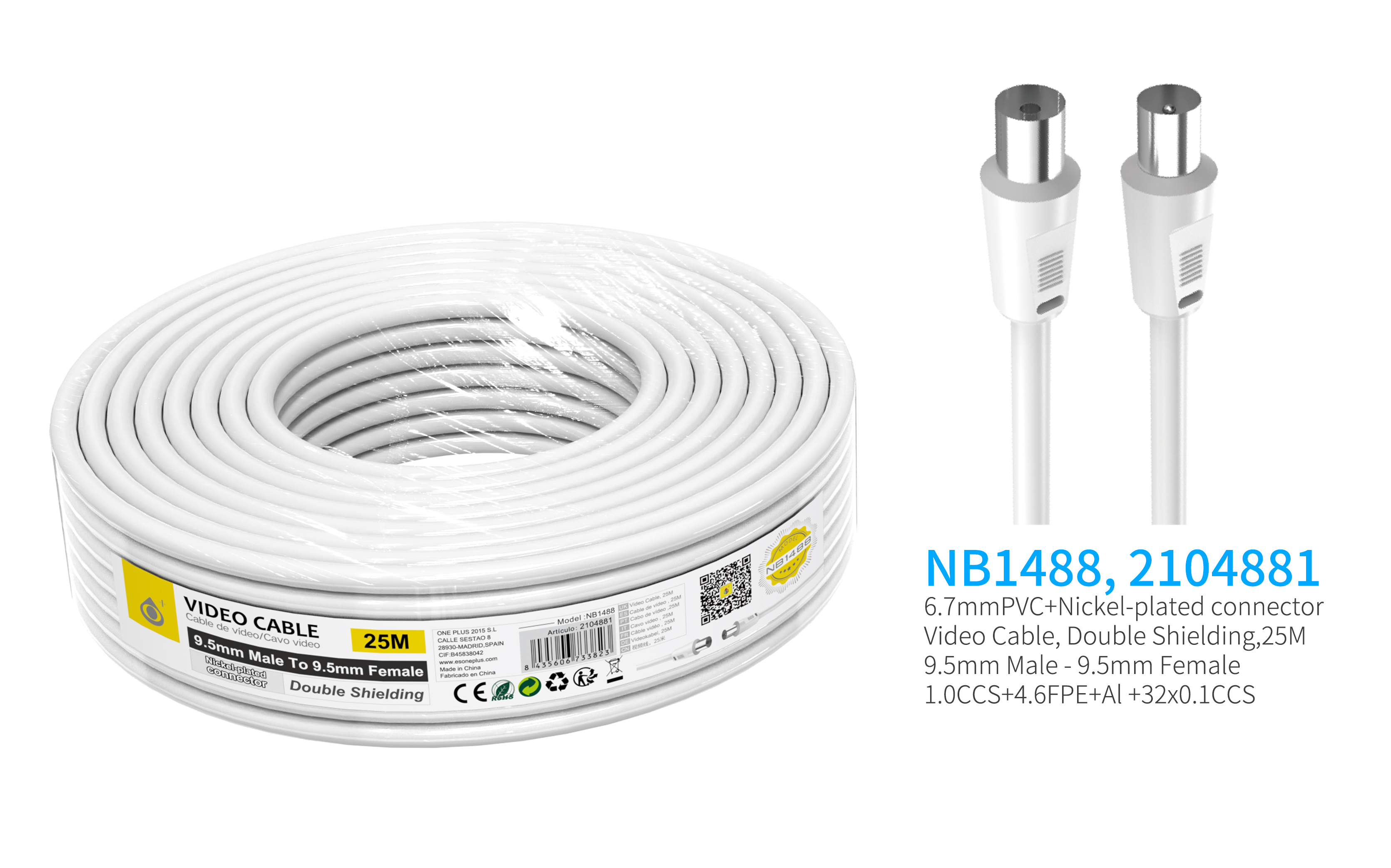 NB1488  Cable de Video(Coaxial)Conector banado en niquel 9.5mm  Macho a Hembra , doble blindaje, 25