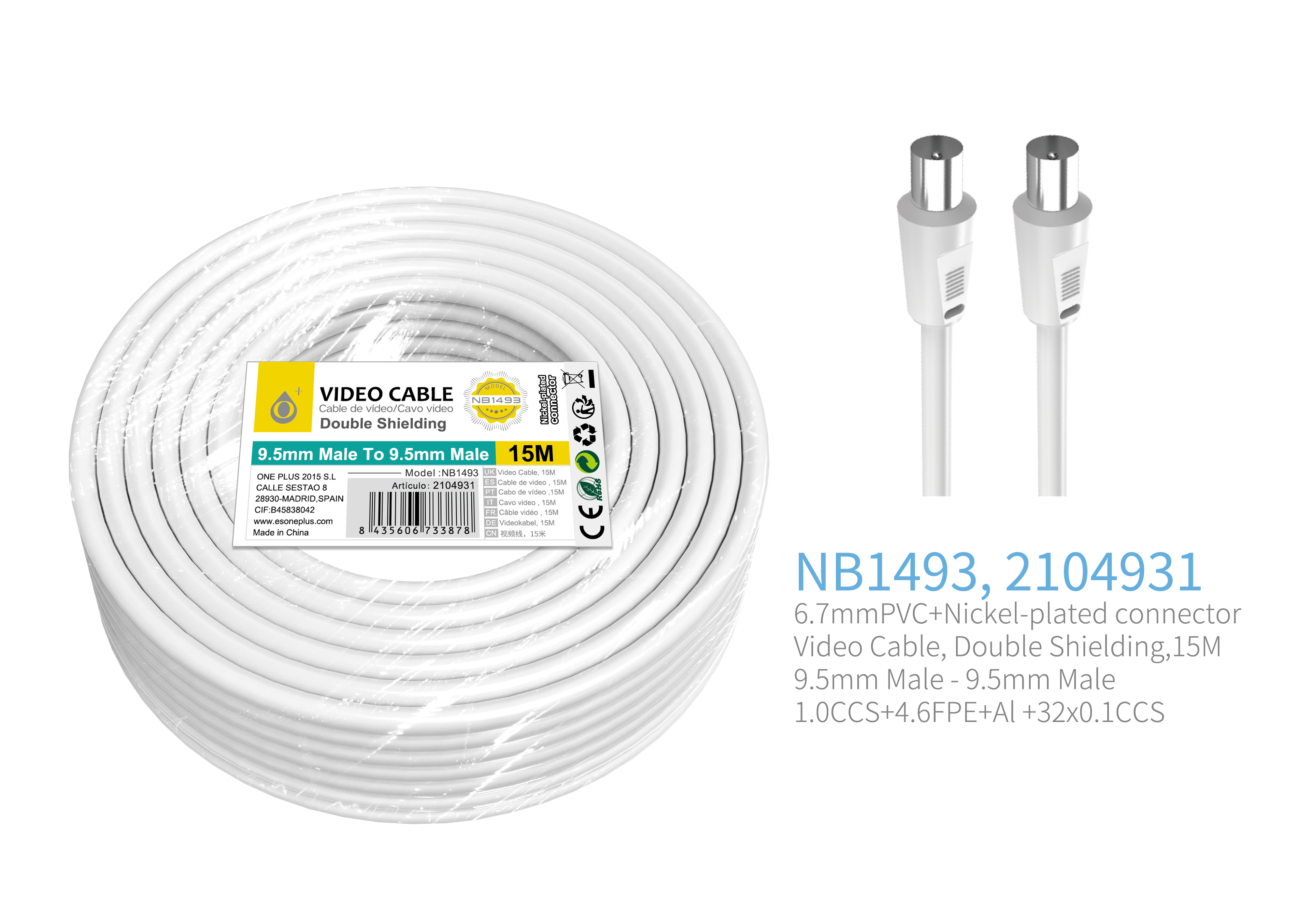 NB1493  Cable de Video(Coaxial)Conector banado en niquel 9.5mm  Macho a Macho , doble blindaje, 15 M