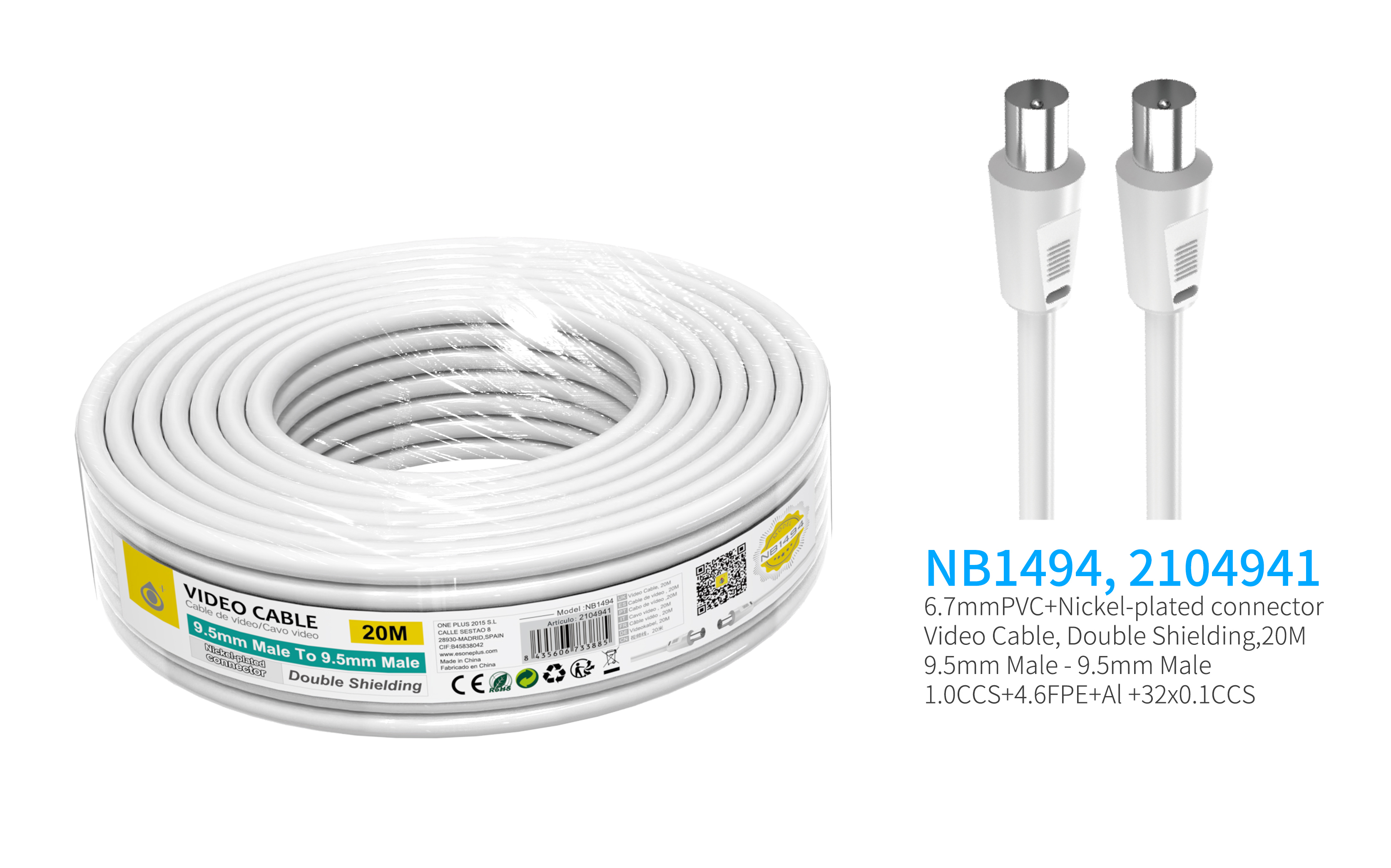 NB1494  Cable de Video(Coaxial)Conector banado en niquel 9.5mm  Macho a Macho, doble blindaje, 20 Me