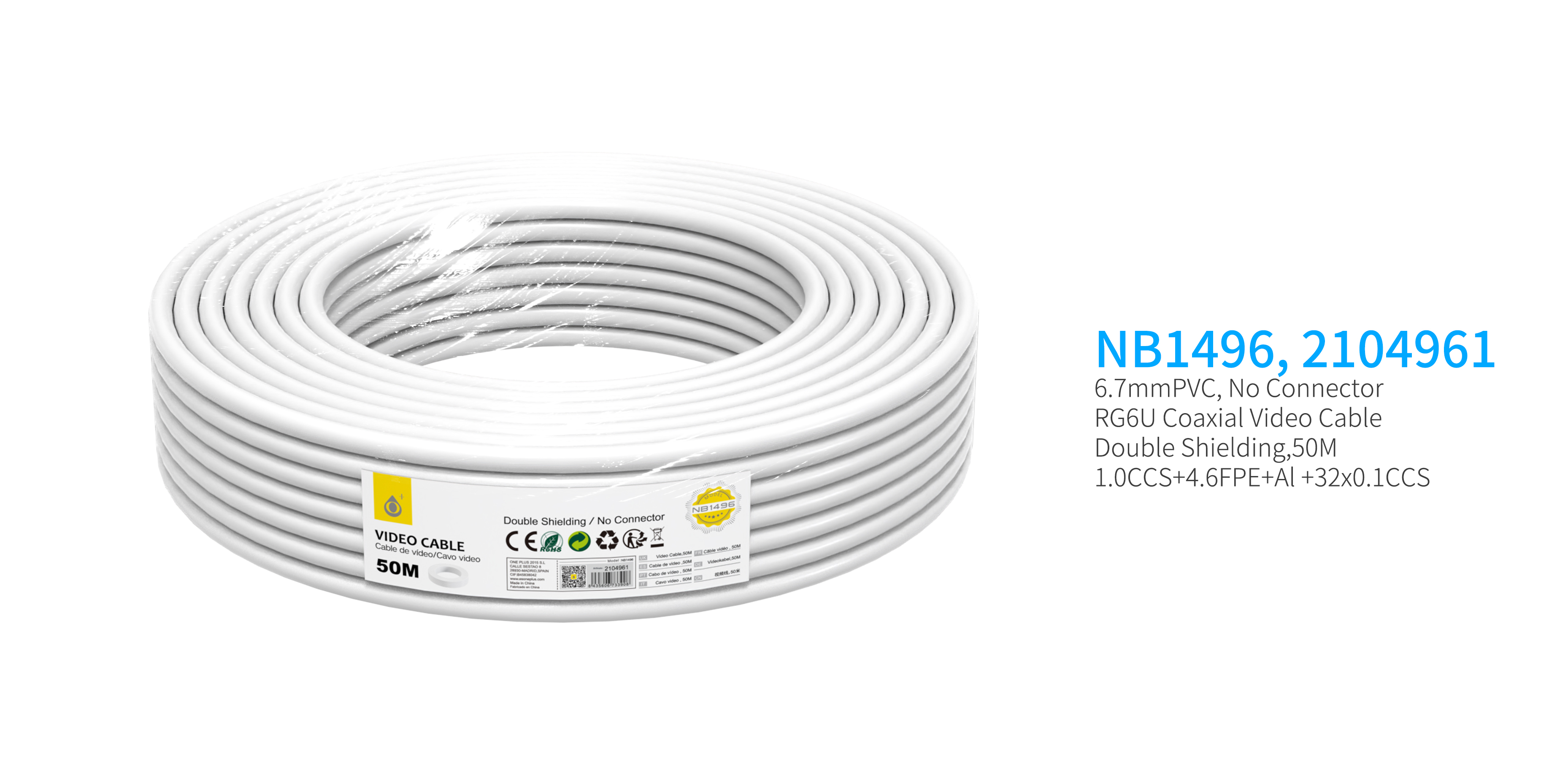 NB1496  Cable de Video(Coaxial RG6U) Sin Conector, doble blindaje, 50 Metro, Blanco