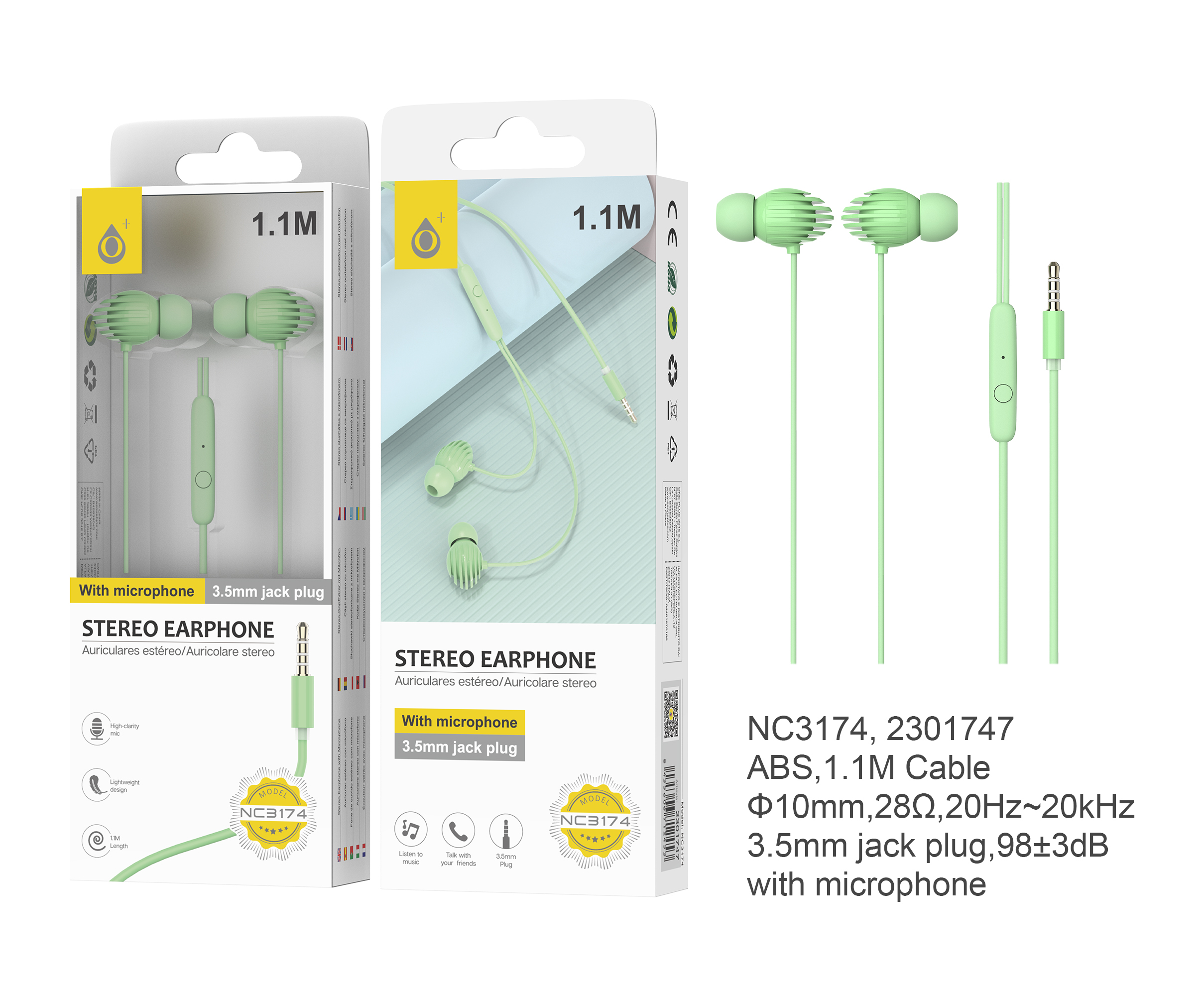 NC3174 VE Auriculares con Micrófono Deluca, Con Boton Multifuncion y Control de Volumen, Longitud  1.1M, Verde