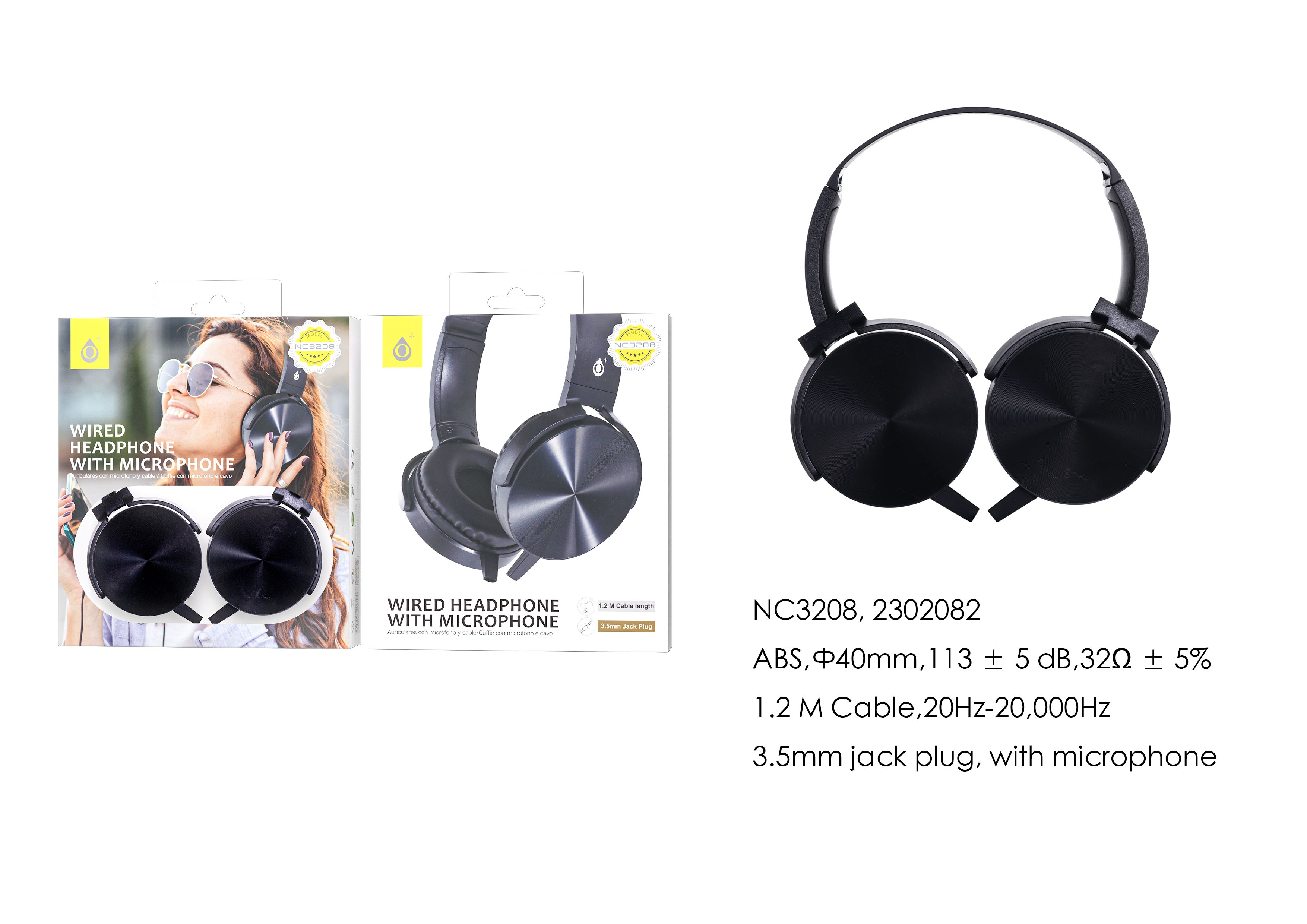 NC3208 NE Auriculares Casco de cable  con Microfono , 3.5mm Jack Plug ,  Cable 1.2M ,Negro