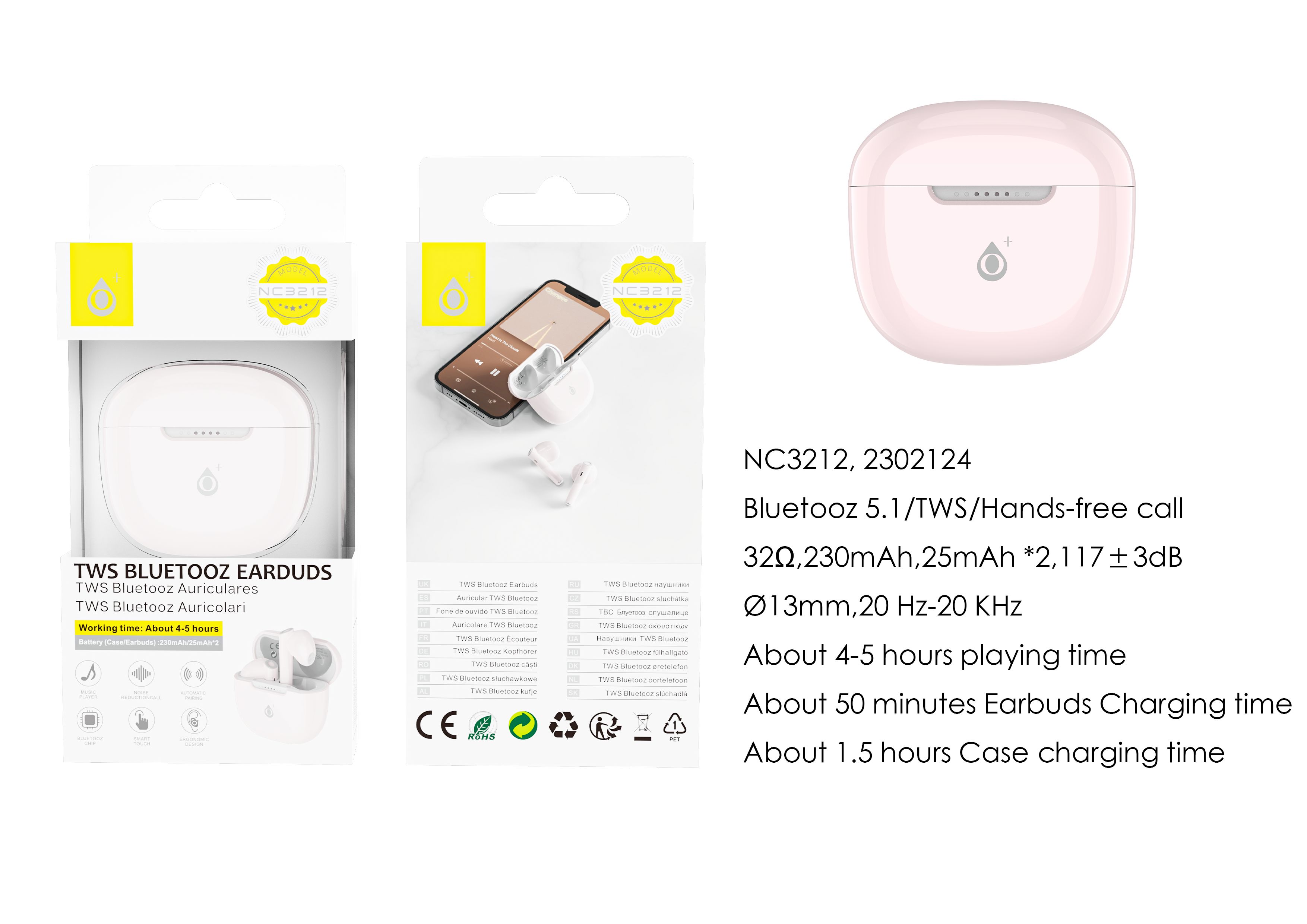 NC3212 RS  Auriculares Bluetooth TWS con mando libre, Bateria (25mAh*2)Con Estuche Recargable 230mAh