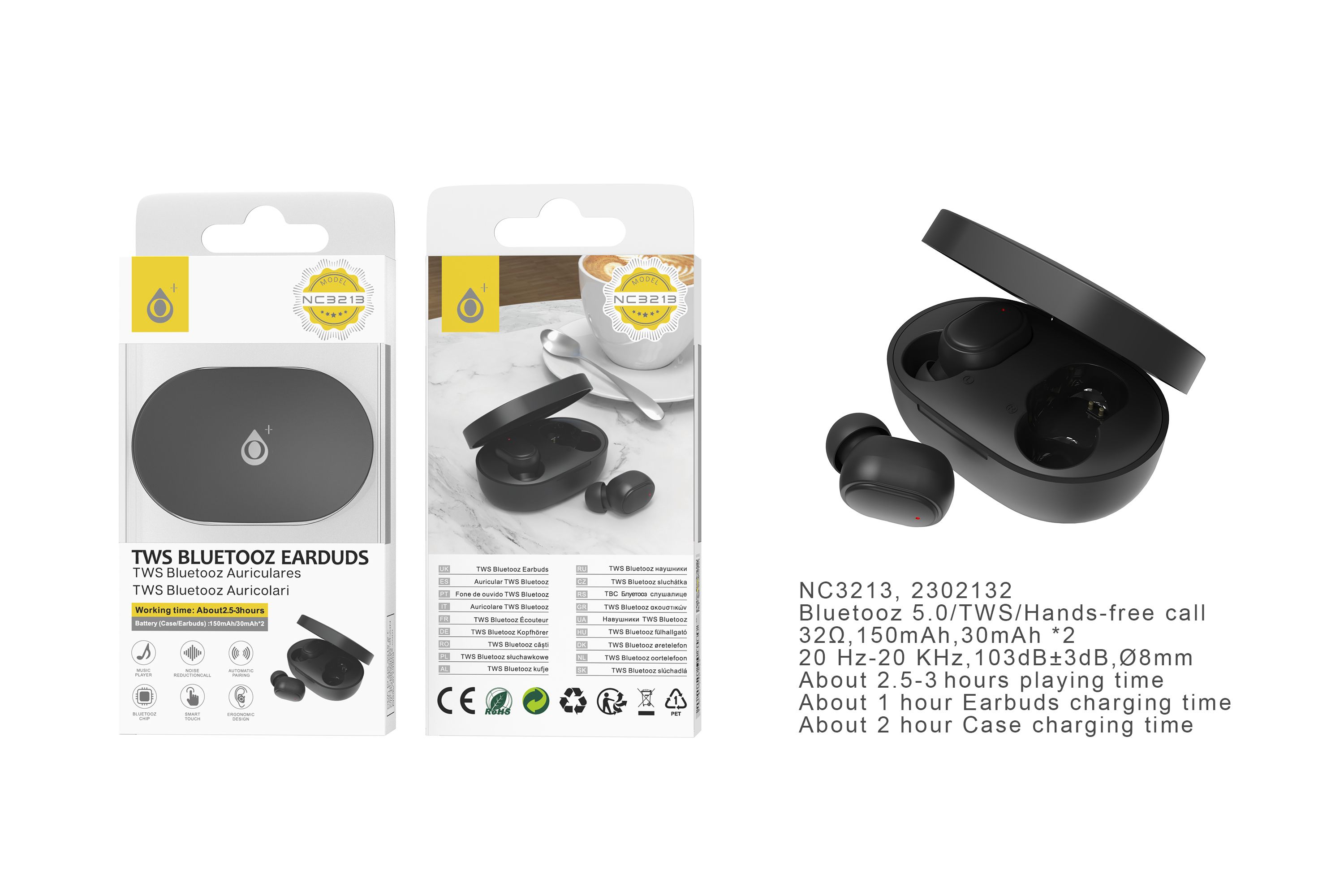 NC3213 NE Auriculares Bluetooth 5.0 TWS,Soporta mano libre, Bateria (30mAh*2) con estuche cargable(1