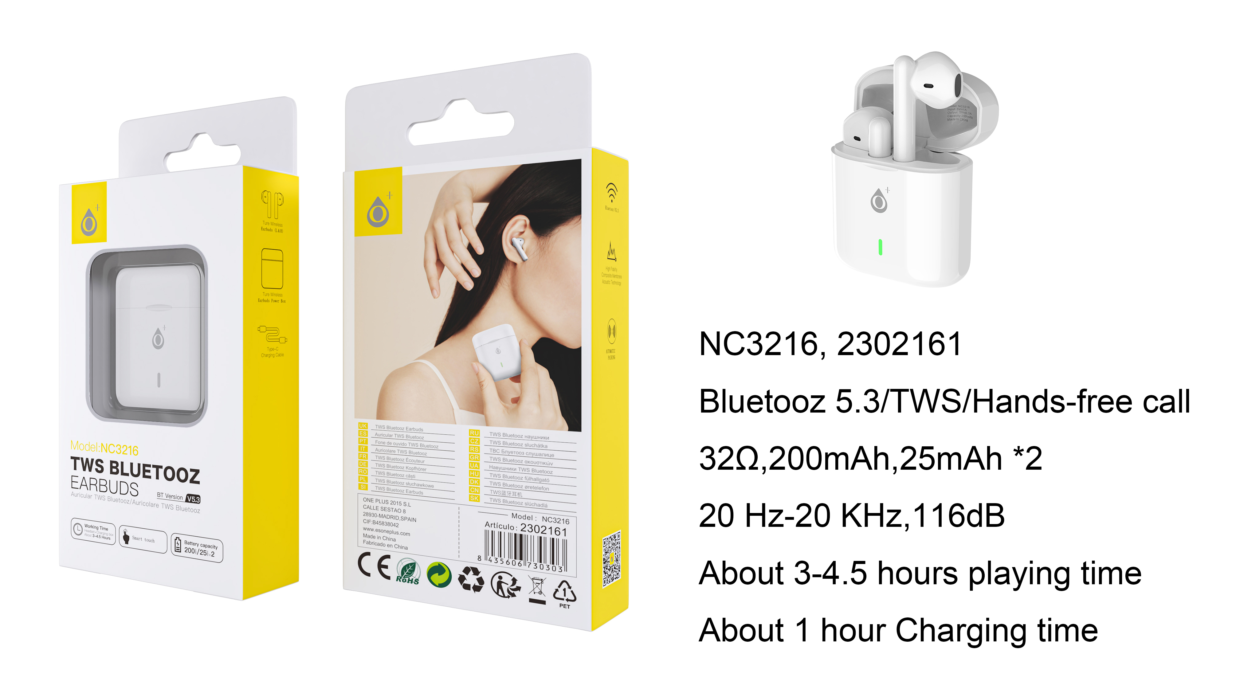 NC3216 BL Auriculares Bluetooth TWS Carrie (25mAh*2) con estuche cargable(200mAh), Soporta mano libre, Blanco