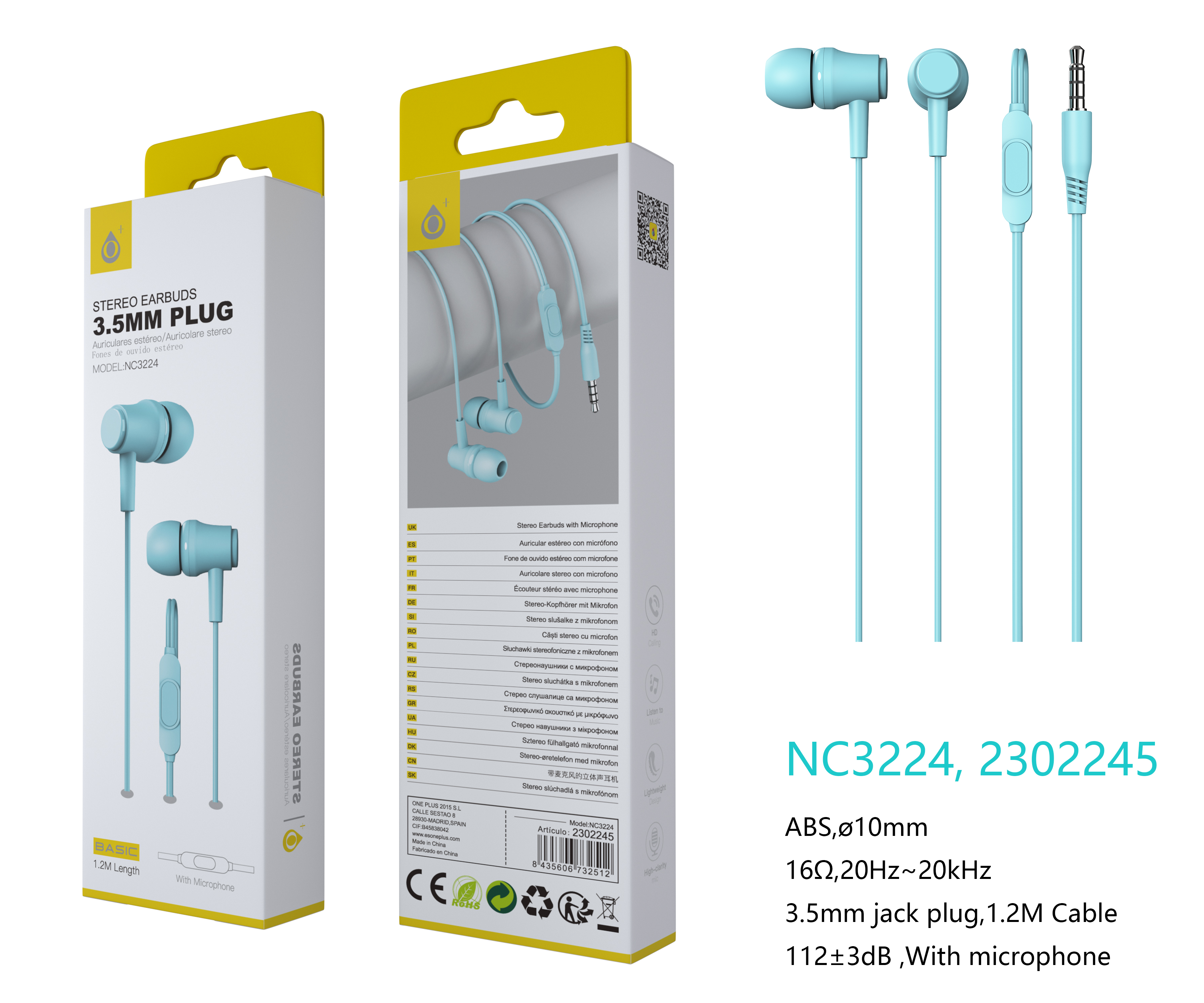 NC3224 AZ Auriculares con microfono S.Basic Singh, con boton multifunciones, cable 1.2M , Azul