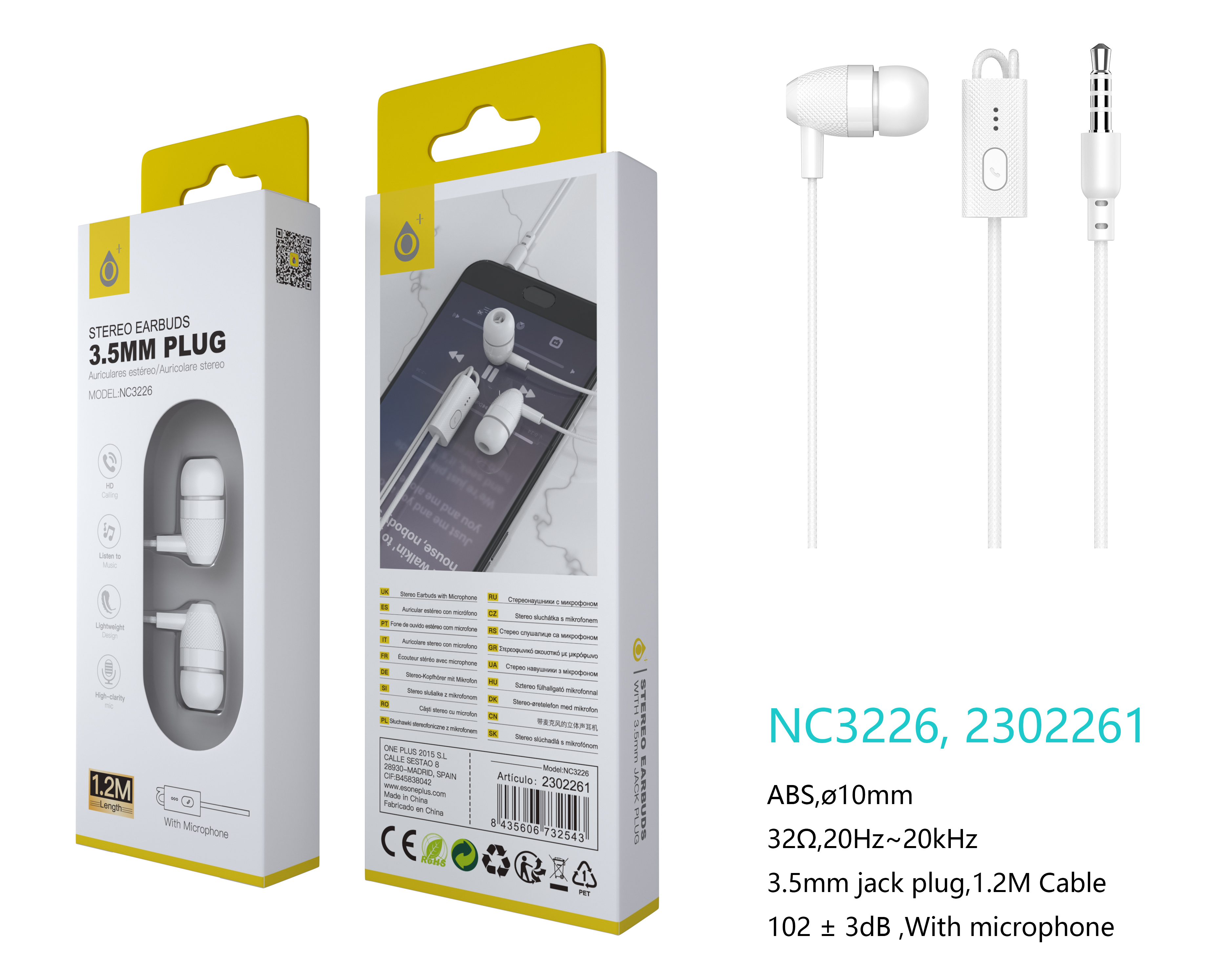 NC3226 BL Auriculares con microfono Takeshi, con boton multifunciones, sensibilidad 102±3 dB, cable