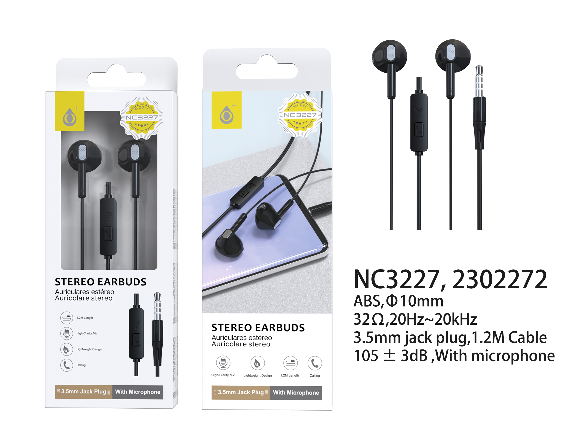 NC3227 NE Auriculares con microfono Toby, con boton multifunciones, sensibilidad 105±3 dB, cable 1.2