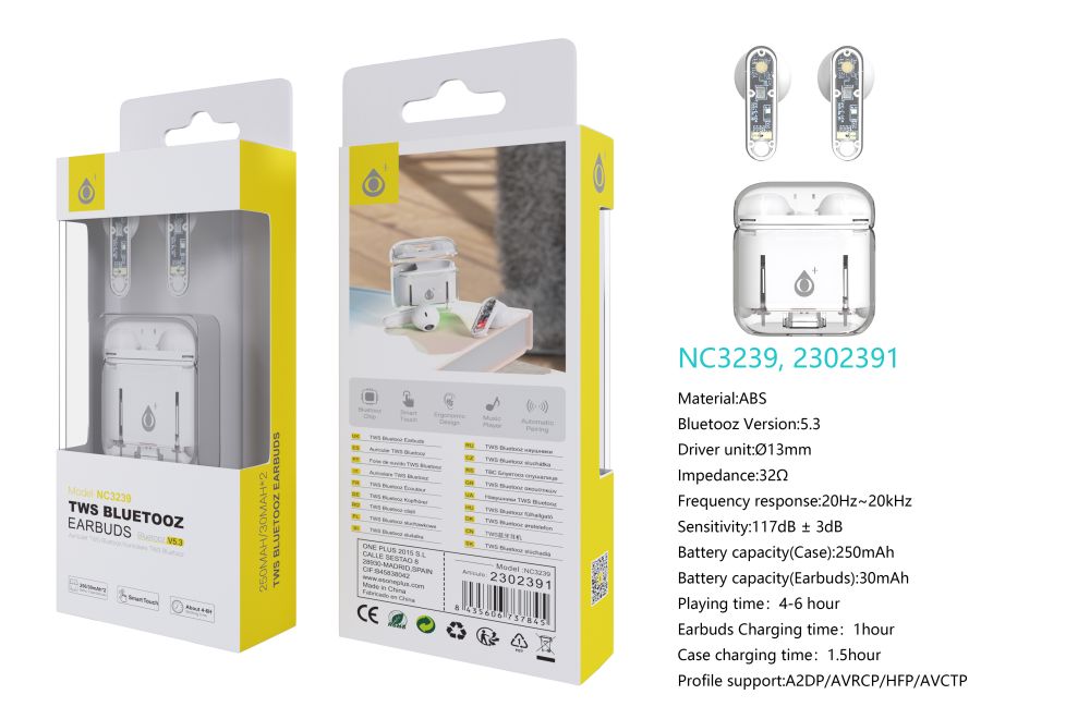 NC3239  Auriculares TWS Con Bluetooth 5.3, Panel Tacil, Bateria (30mAh*2)Estuche Recargable 250mAh,