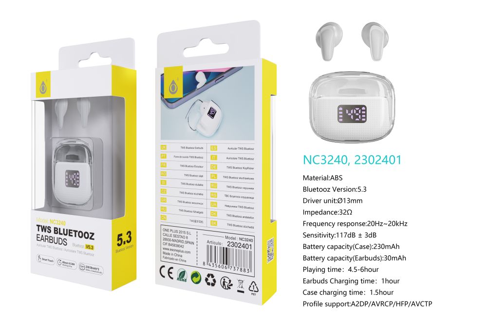 NC3240 BL Auriculares TWS Con Bluetooth 5.3, Panel Tacil, Bateria (30mAh*2)Estuche Recargable 230mAh