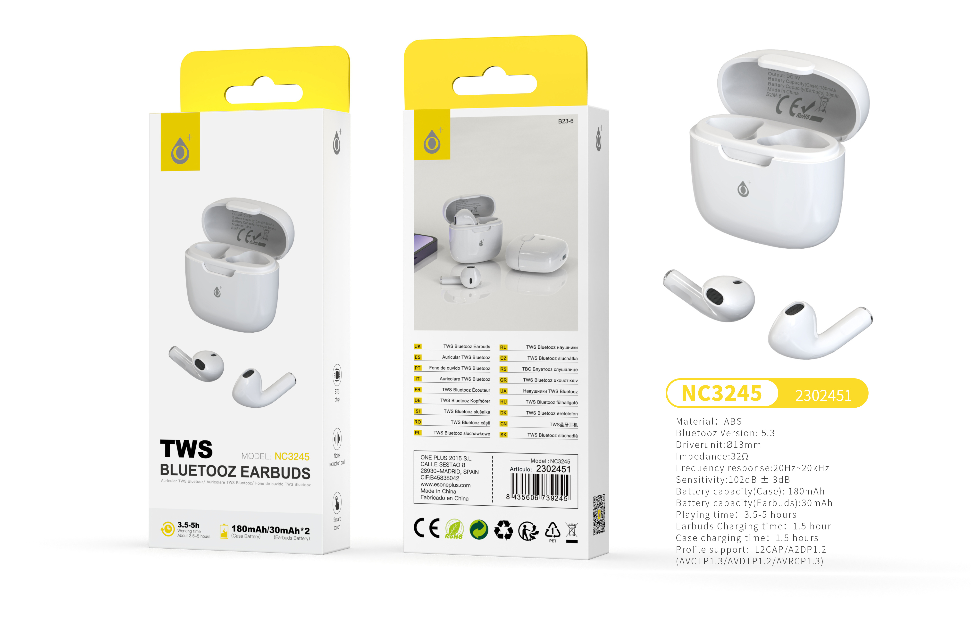NC3245 BL  Auriculares TWS Bluetooth 5.3, Bateria de auricular (30mAh*2£©Con Estuche Recargable 180mAh, Blanco