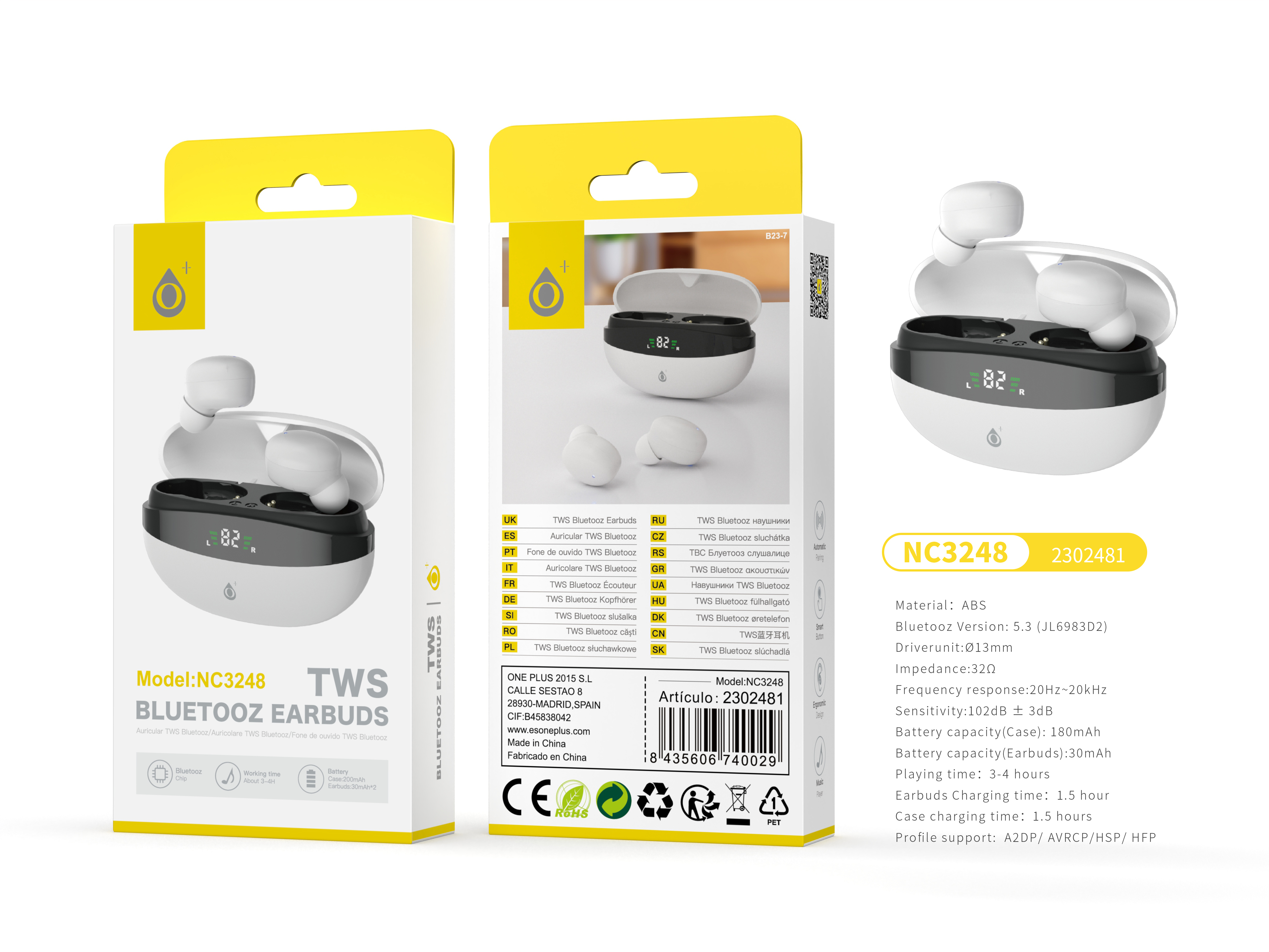 NC3248 BL Auriculares TWS Bluetooth 5.3 Con indicador LED de Bateria, Bateria (30mAh*2) con estuche cargable(180mAh), Blanco