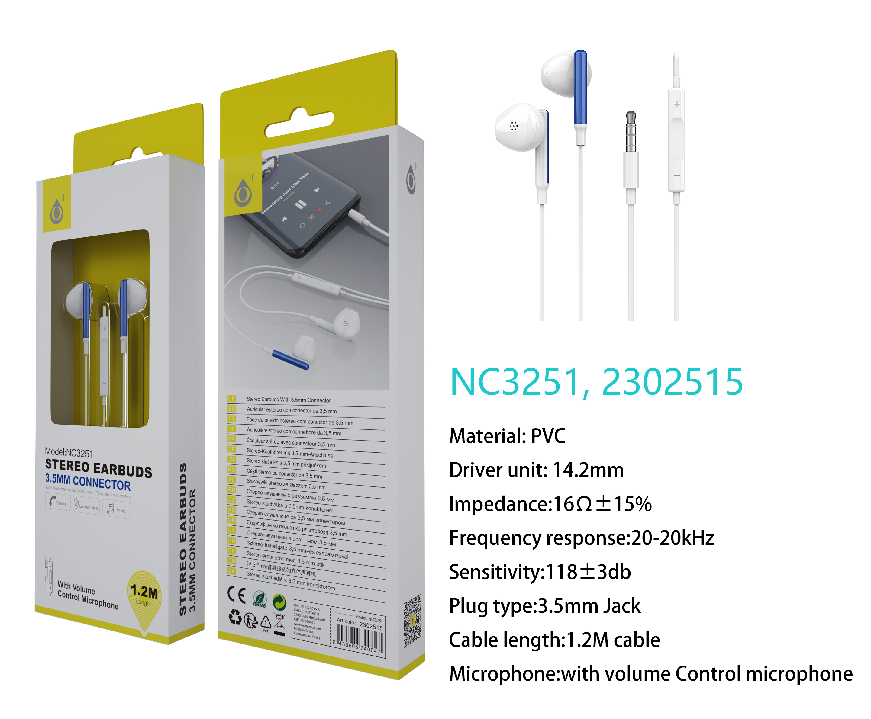 NC3251 AZ Auricular Ria con Microfono y  Control de Volumen, Soporta llamada y Musica, Cable 1.2m, A