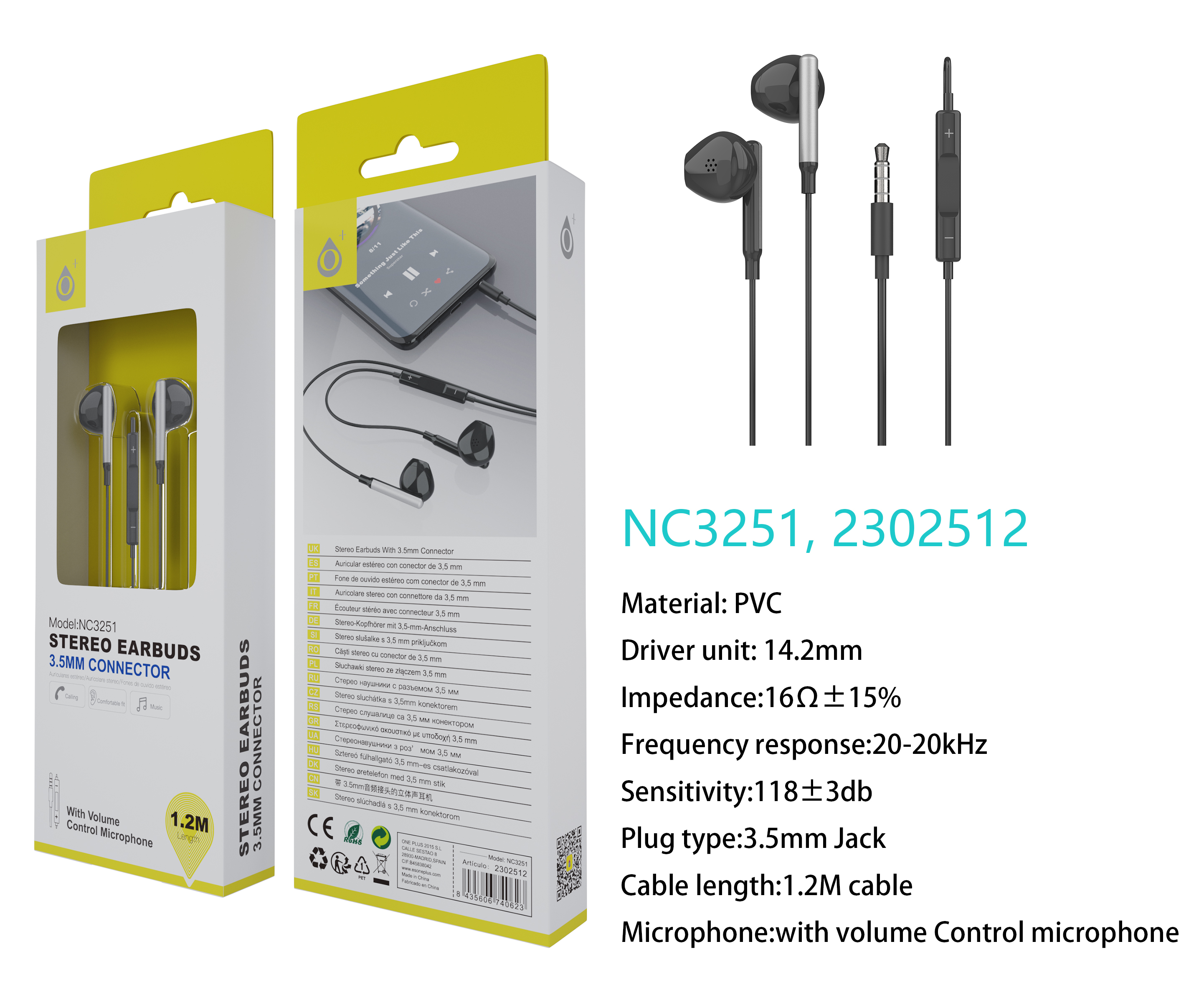 NC3251 NE Auricular Ria con Microfono y  Control de Volumen, Soporta llamada y Musica, Cable 1.2m, N