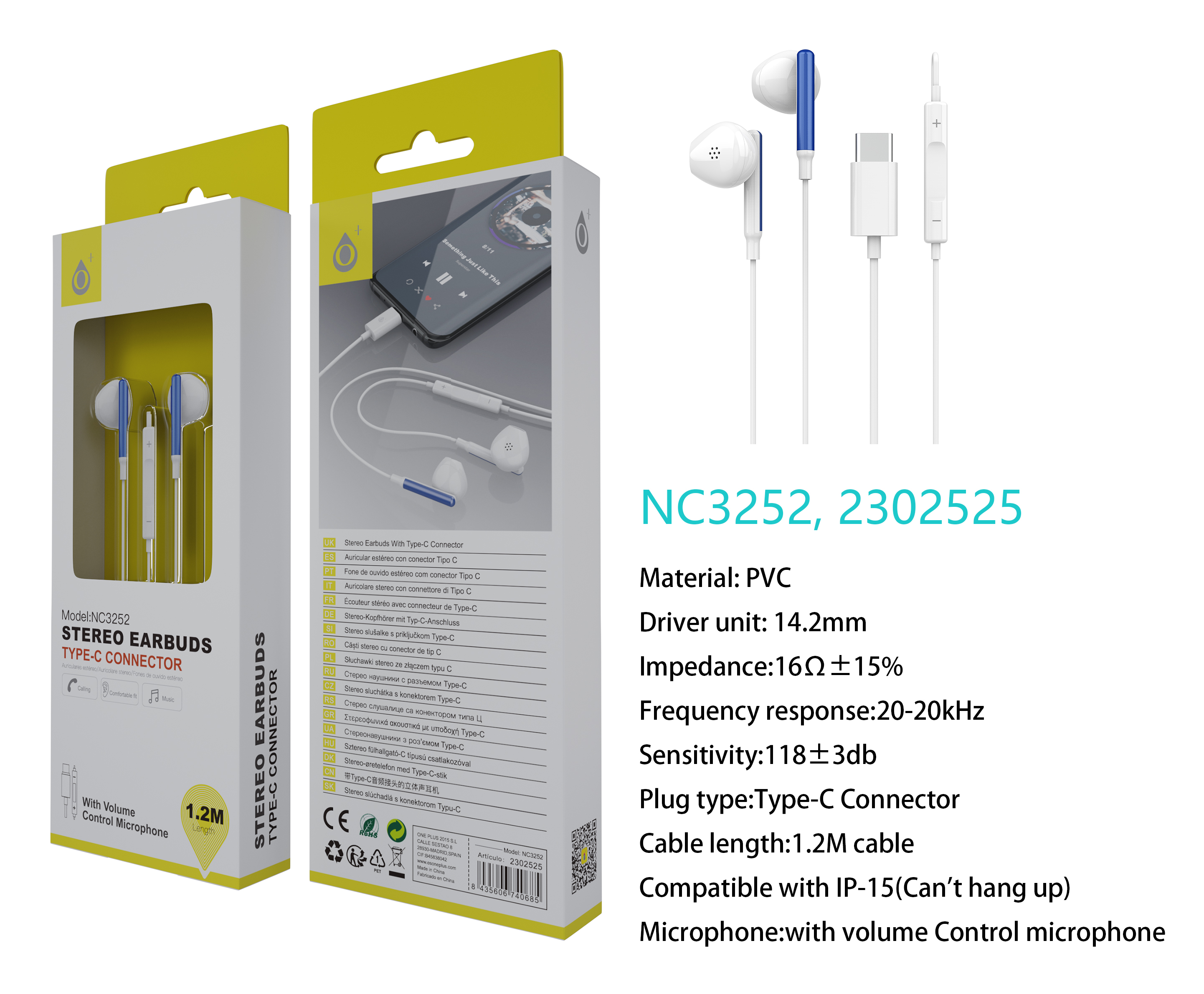 NC3252 AZ Auricular TYPE-C Ria con Microfono y Control de Volumen, Compatible con Apple Type-C, Sopo