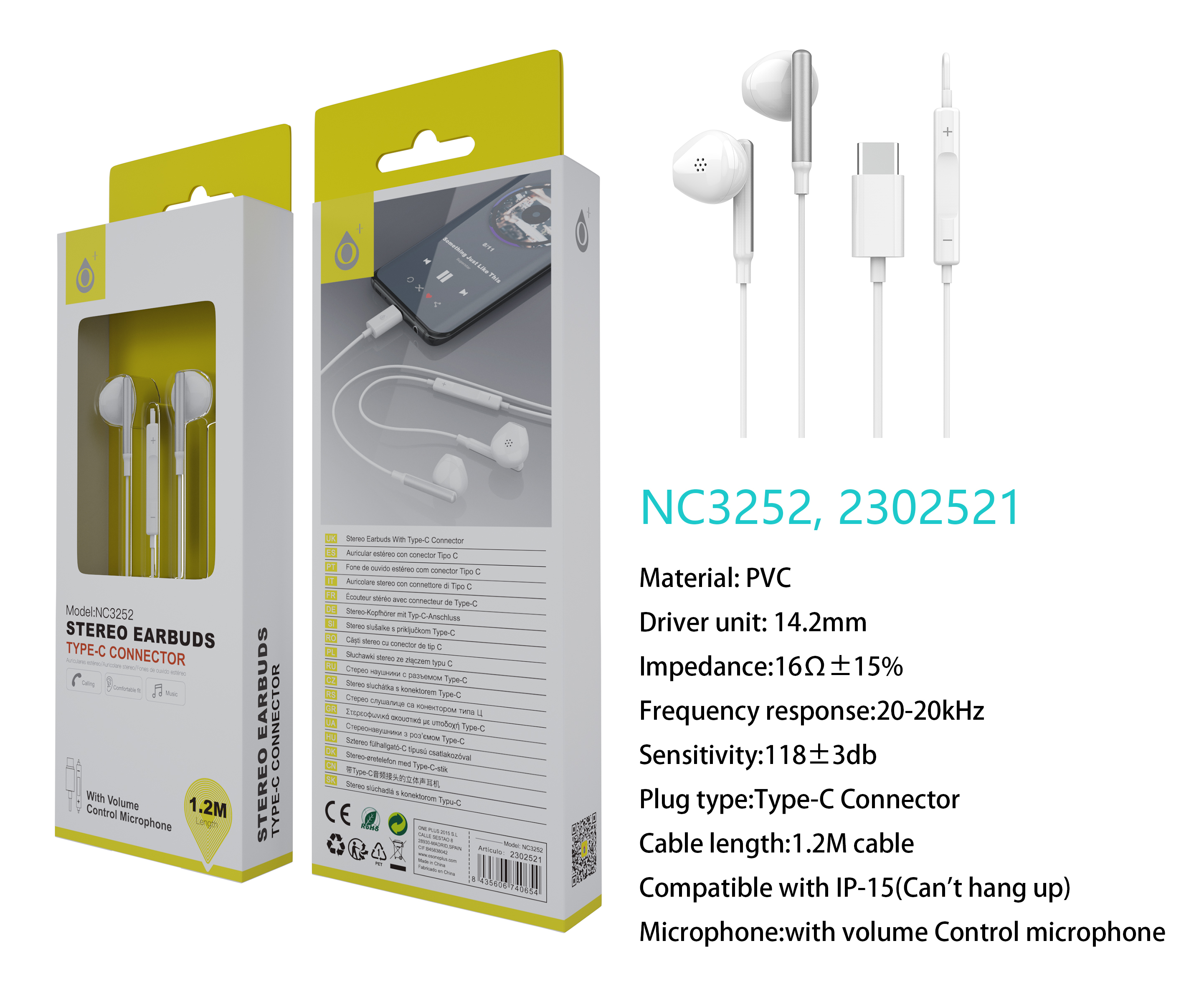 NC3252 BL Auricular TYPE-C Ria con Microfono y  Control de Volumen, Compatible con Apple Type-C, Sop