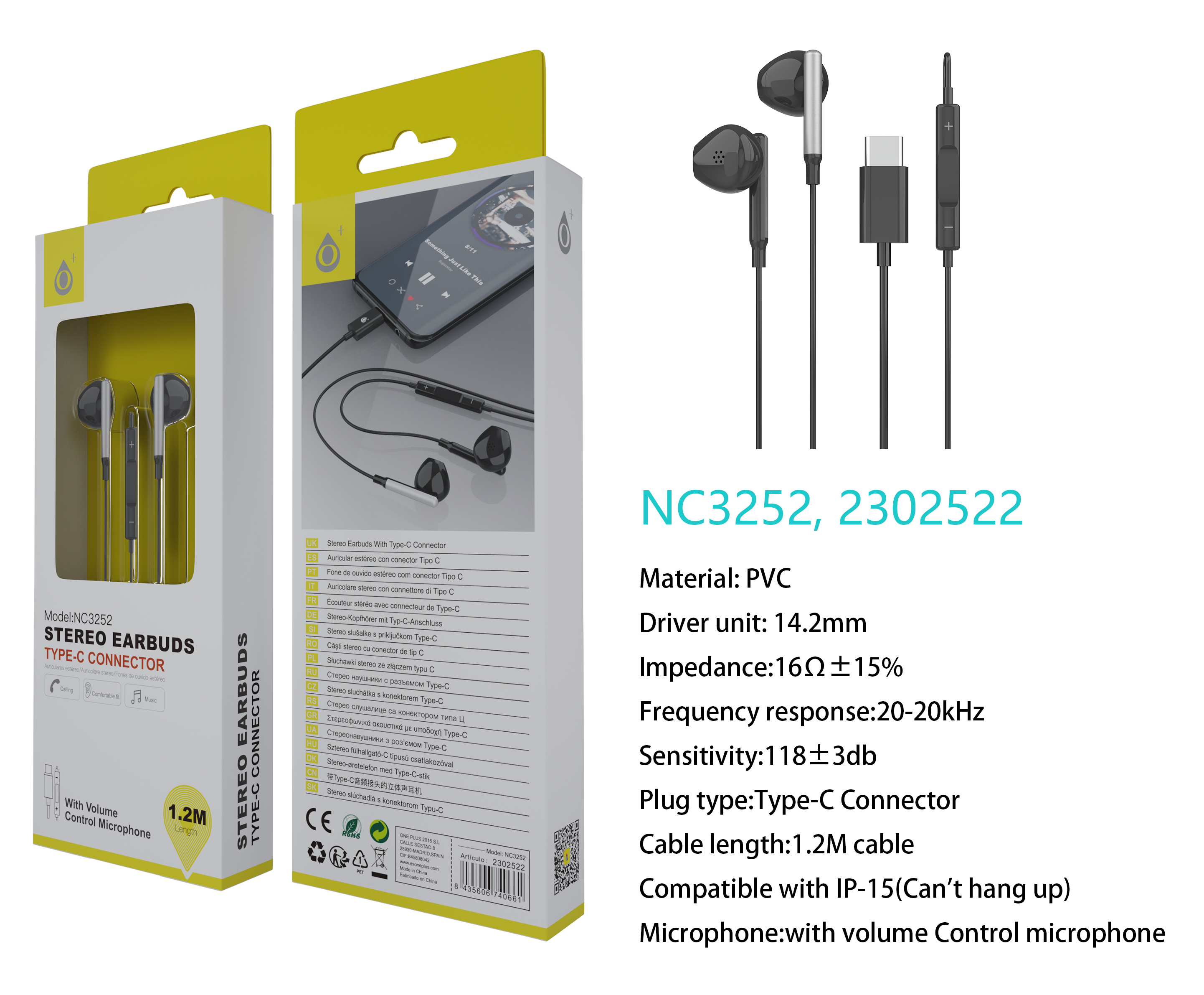 NC3252 NE Auricular TYPE-C Ria con Microfono y  Control de Volumen, Compatible con Apple Type-C, Sop